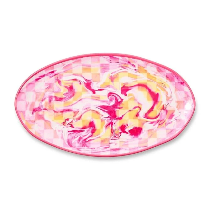 MacKenzie-Childs Pink Marble Check Melamine Oval Platter