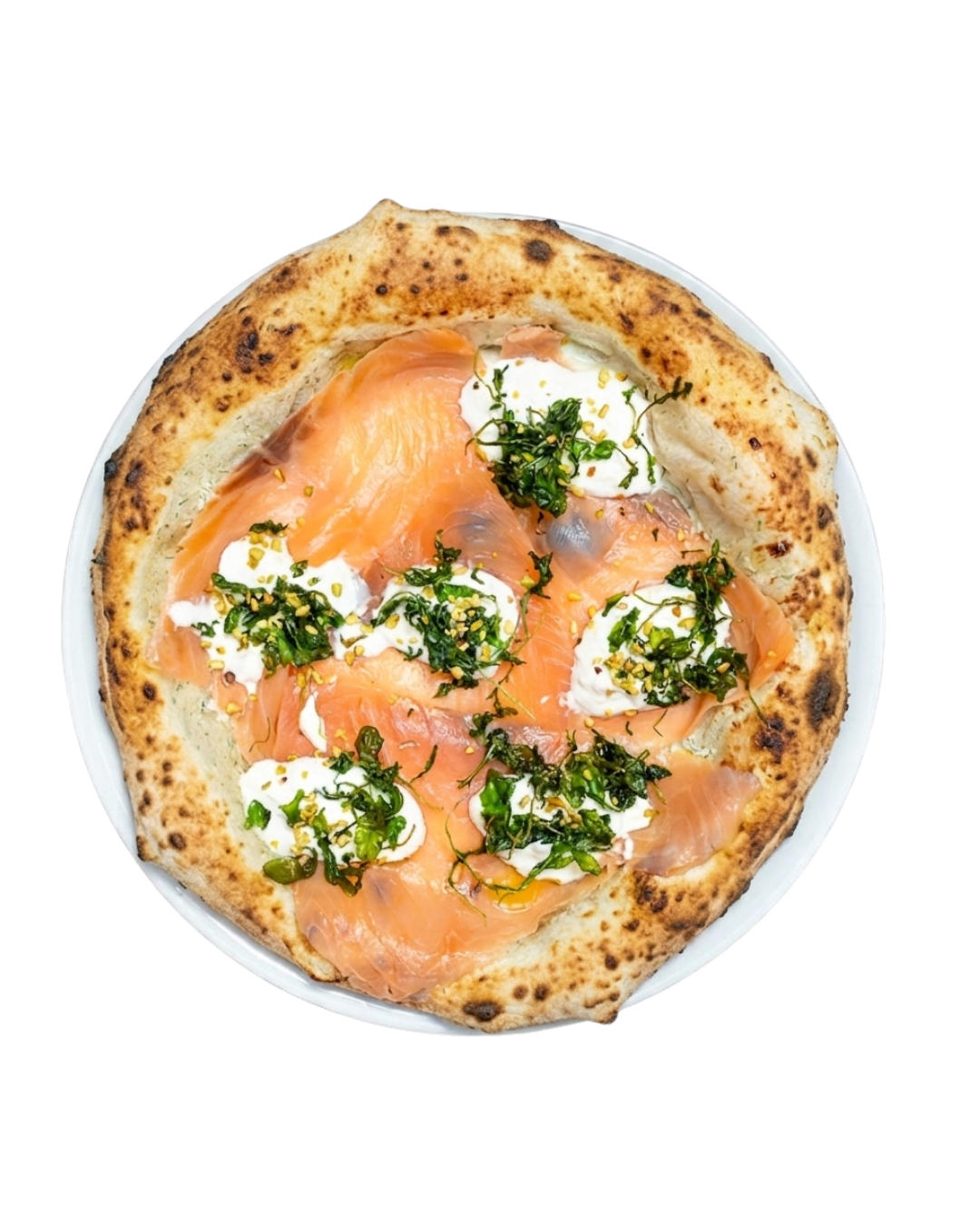 Pizza avec saumon, crème, herbes, et graines sur une pâte croustillante.