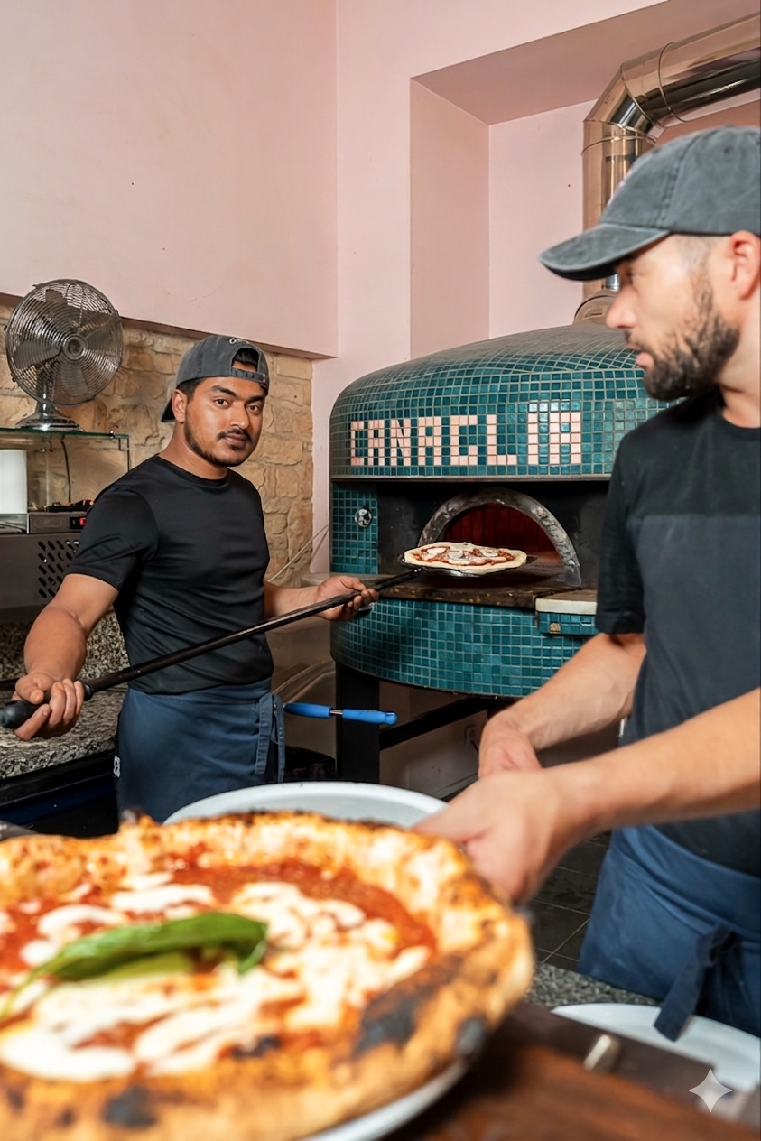 Deux hommes préparant une pizza dans une pizzeria avec une pizza en premier plan, et un four à pizza en mosaïque bleue avec le nom « ANGELIA » en lettres capitales blanches.