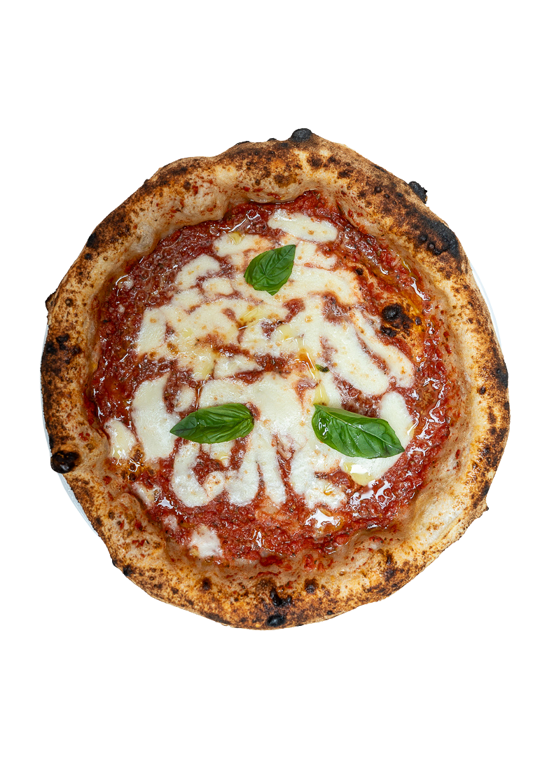 Une pizza margherita avec de la sauce tomate, de la mozzarella fondue et du basilic frais.