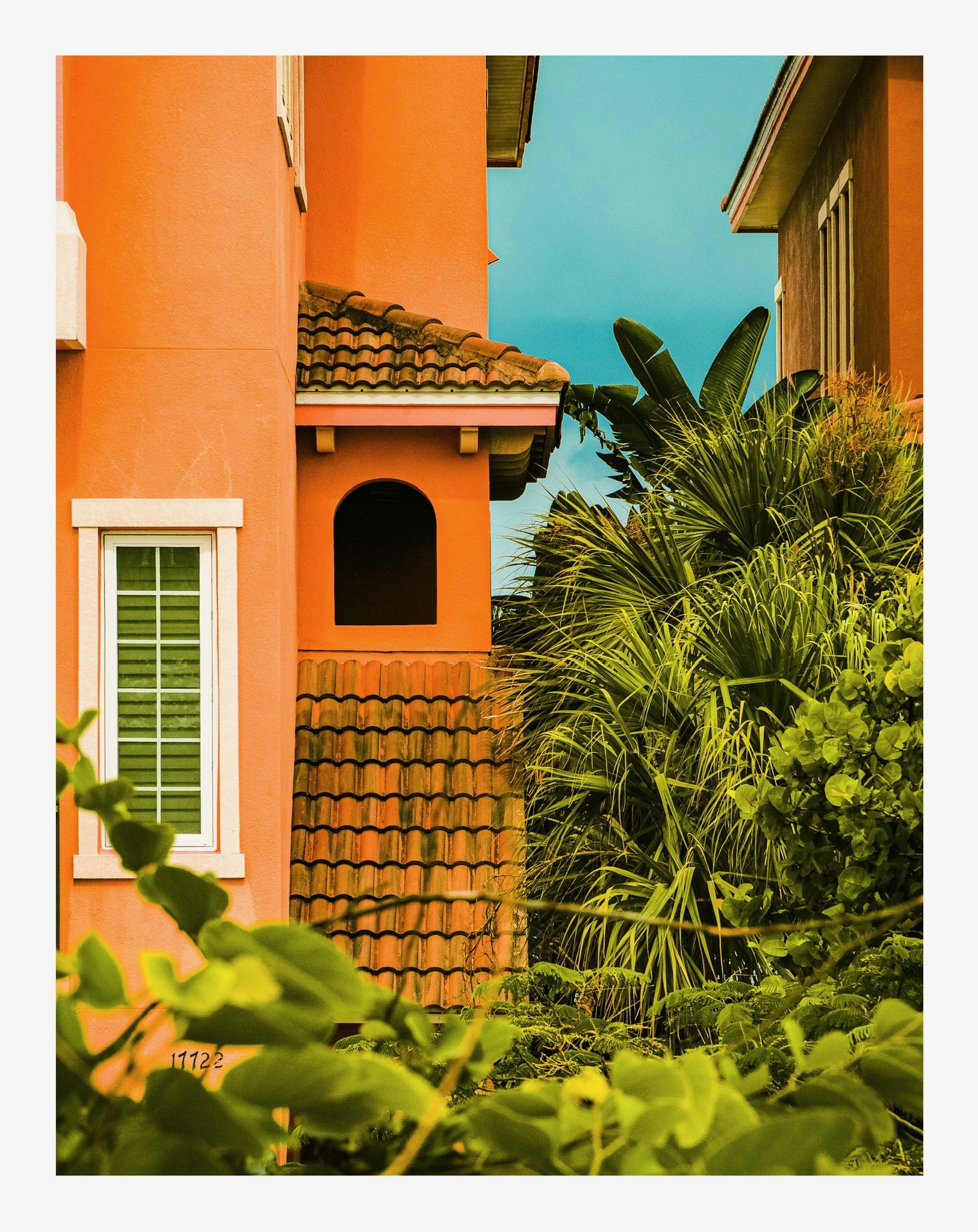 Close-up view of a colorful house with orange walls, stone-tiled roof, and a window with white framing, partially obscured by lush green plants in the foreground.