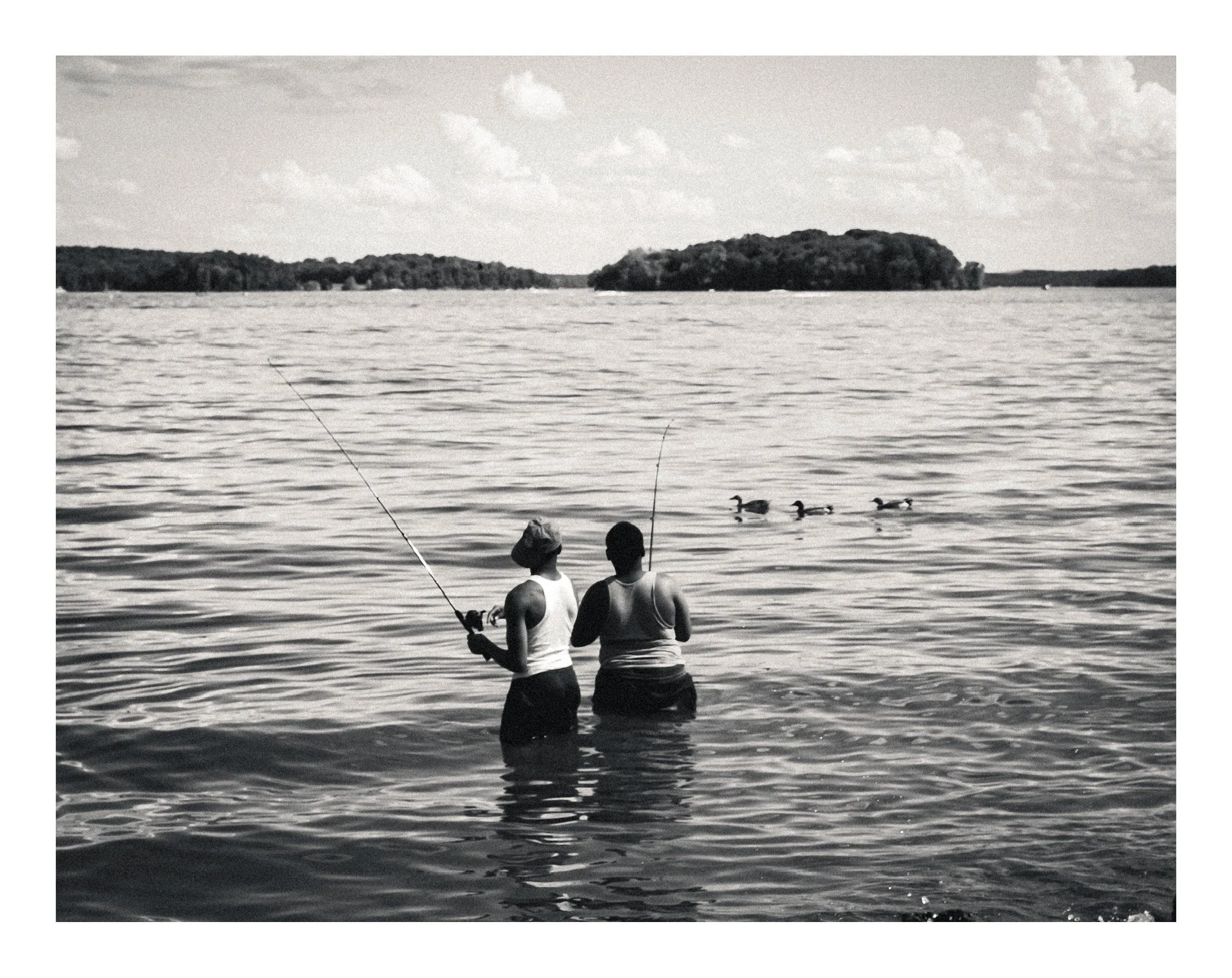 Two people stand waist-deep in a body of water, fishing, with ducks swimming nearby and a large island with trees in the distance under a cloudy sky.