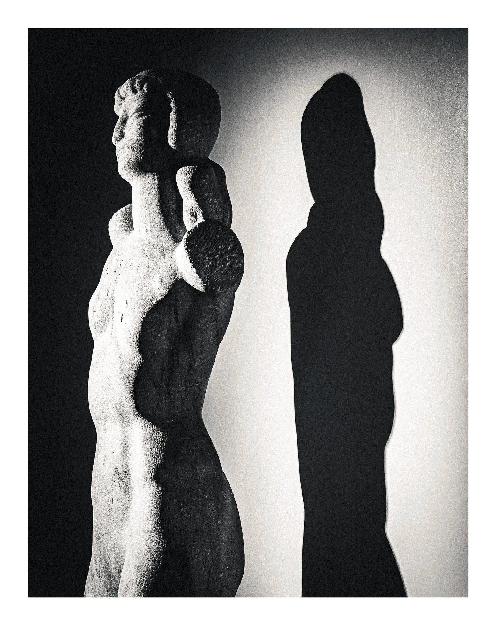 Black and white photograph of a sculpture of a woman's torso with a textured surface, casting a shadow on a textured white background.