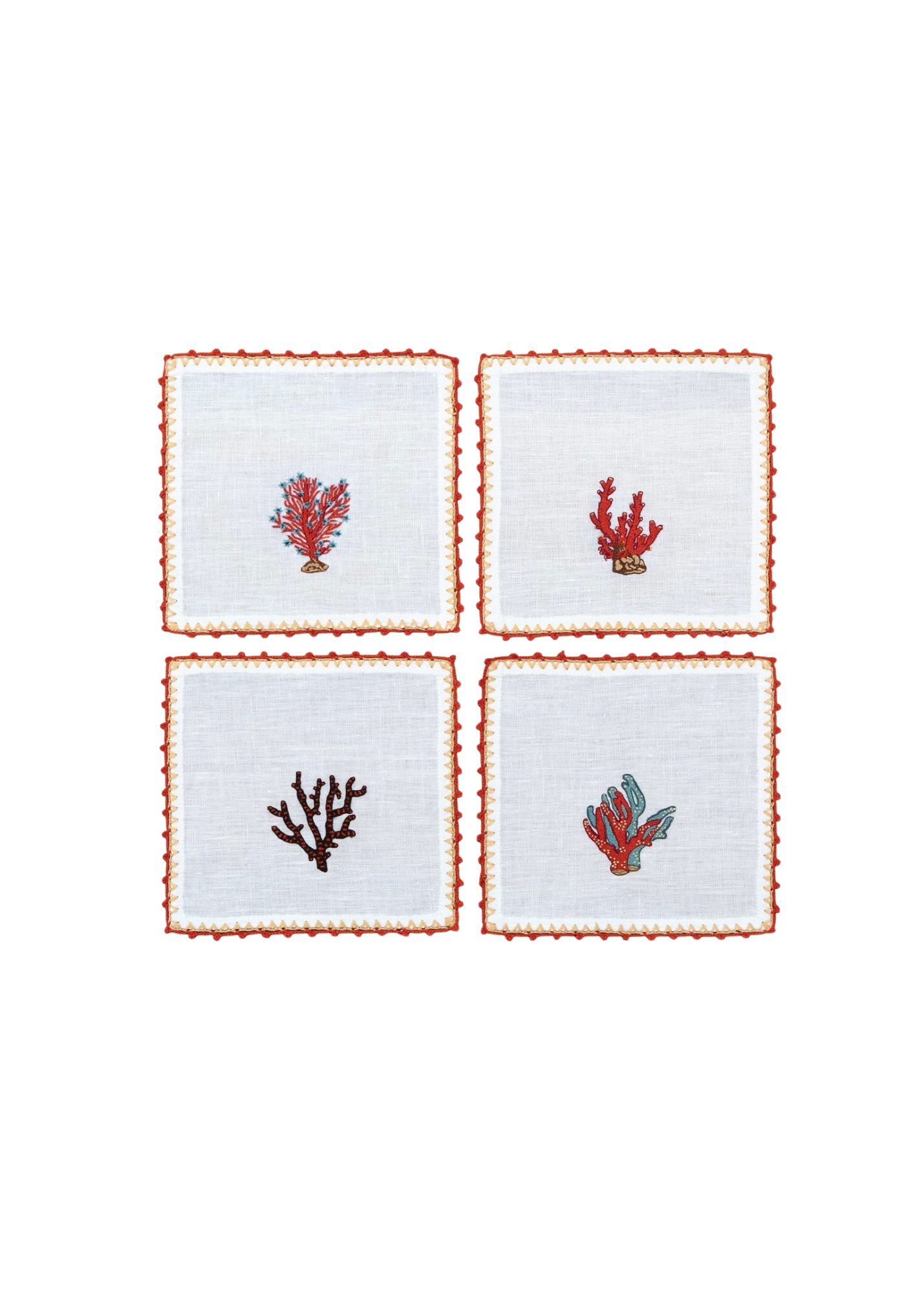 Neem Crafts Coral Hand Embroidered Linen Cocktail Napkins – Set of 4