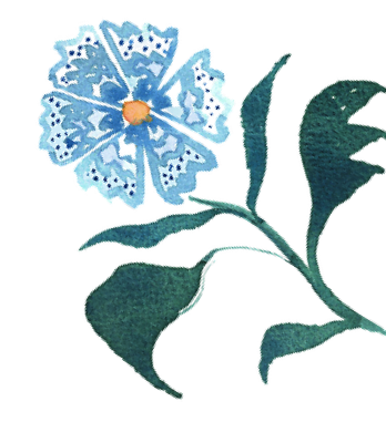 A blue flower with green leaves and a yellow center.