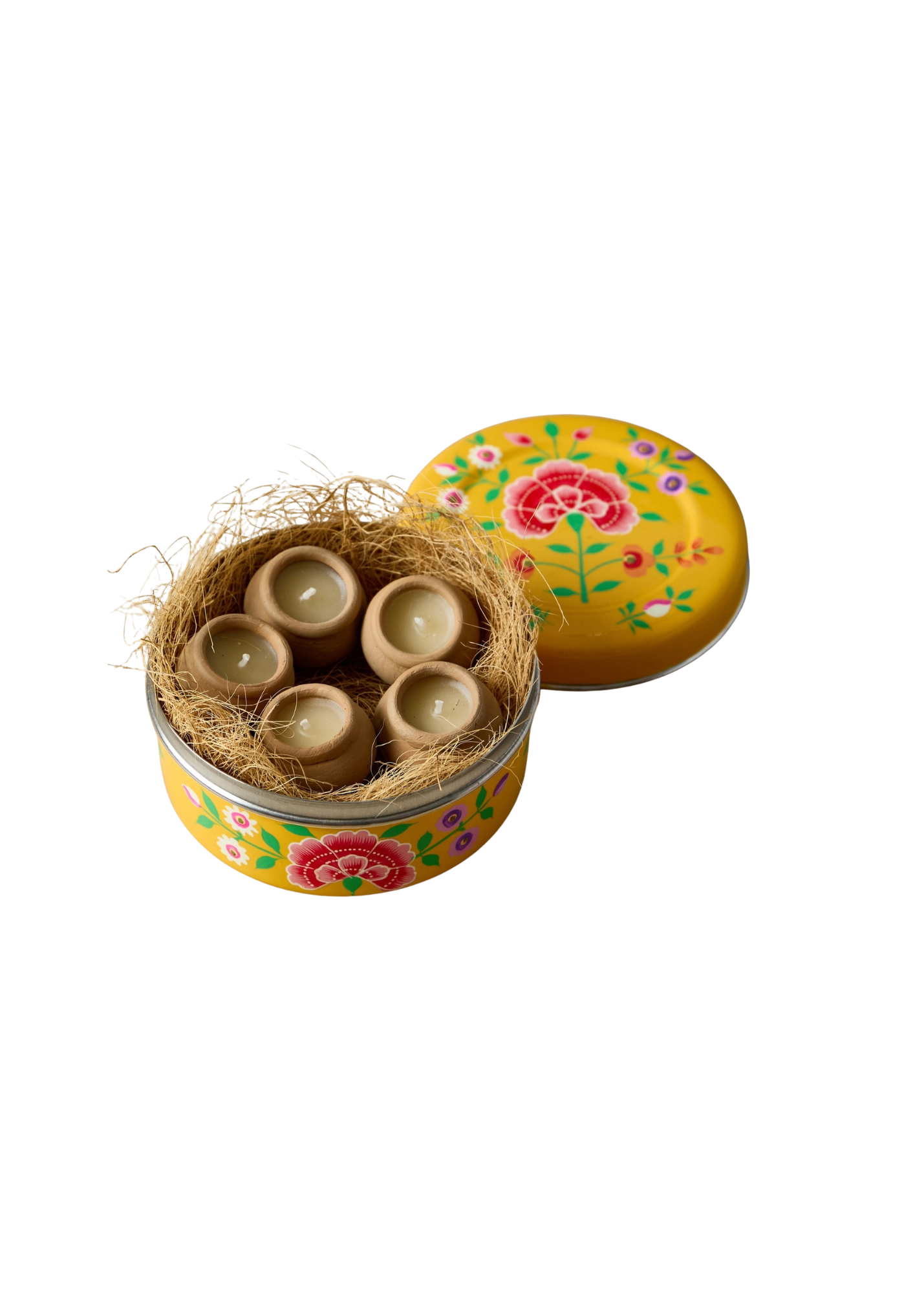 Yellow Hand-Painted Kashmir Candle Tin – Set of 5