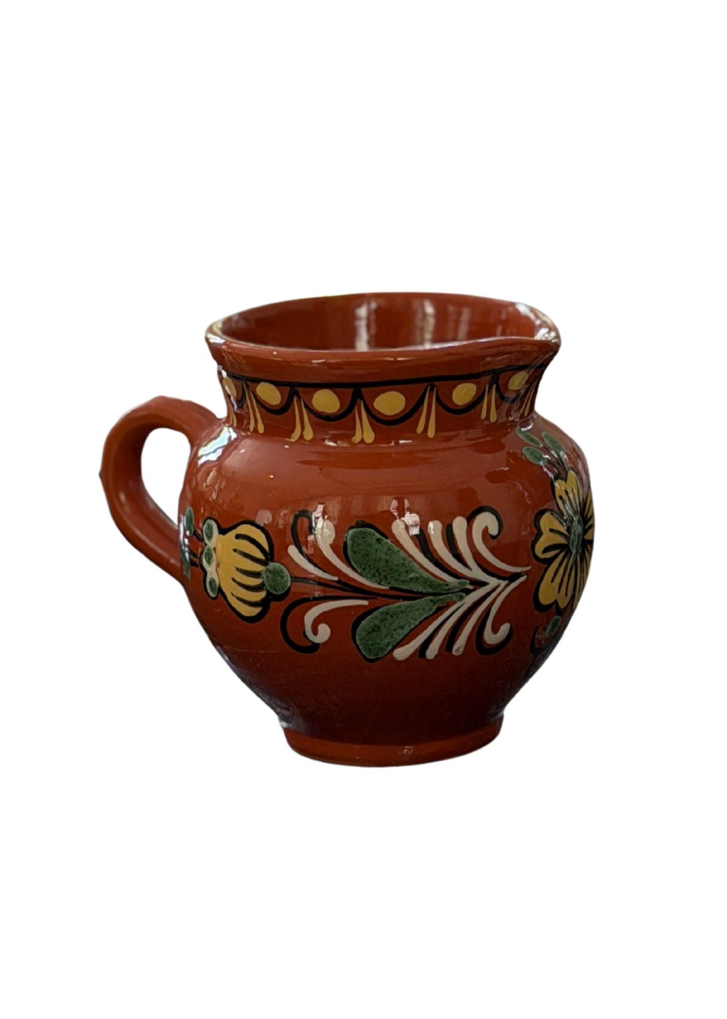 Hungarian Redware Floral Pitcher Vase