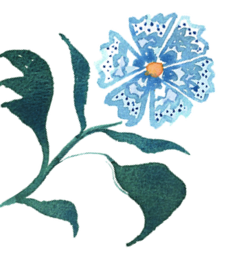 A watercolor painting of a blue flower with green leaves on a transparent background.