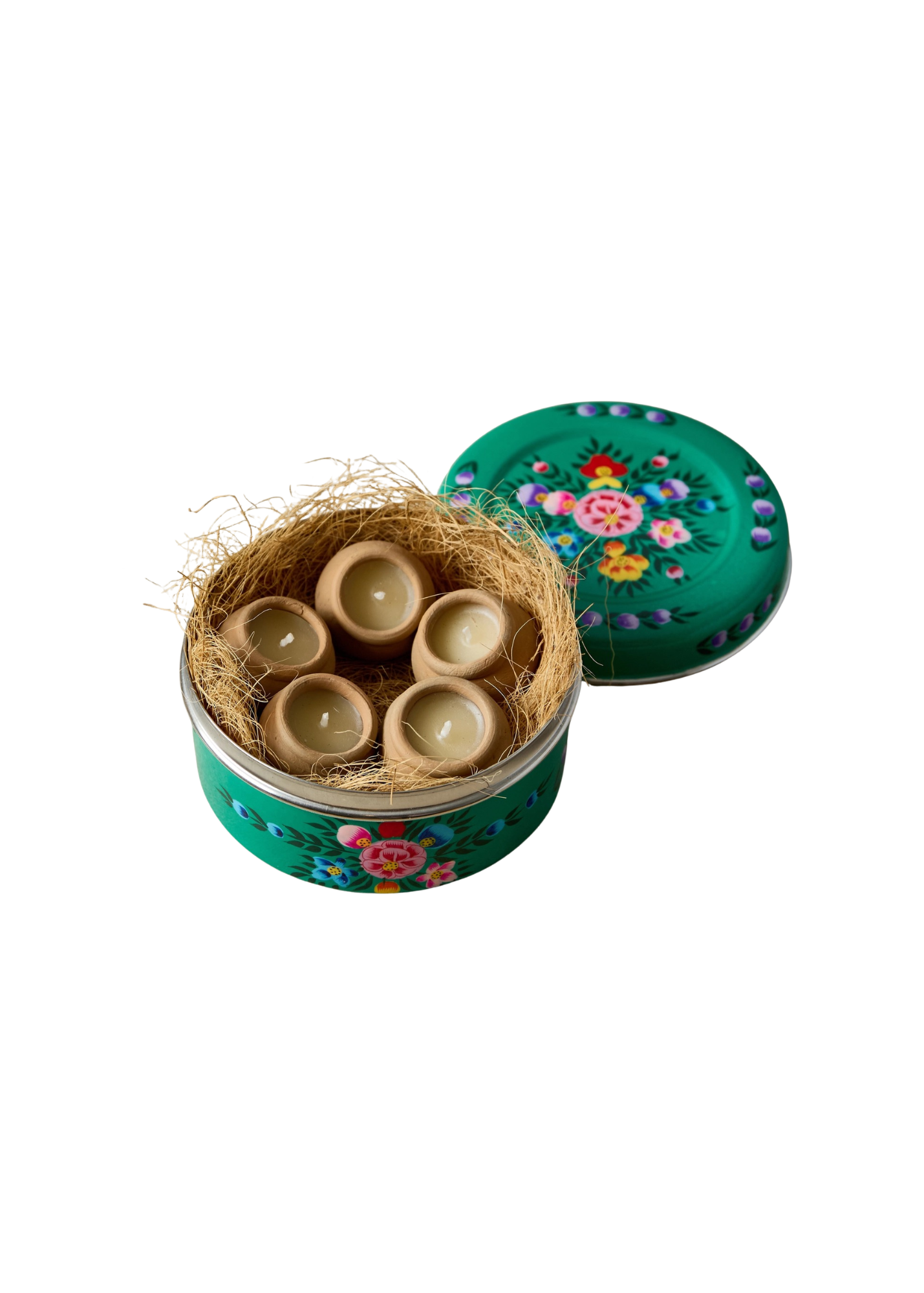 Green Hand-Painted Kashmir Candle Tin – Set of 5
