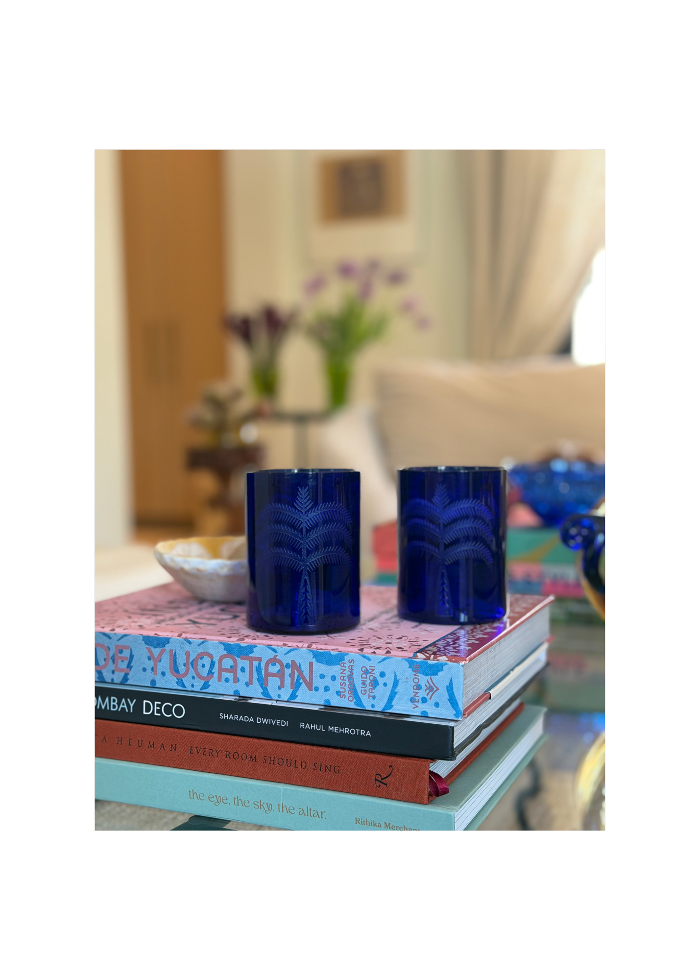 Cobalt Blue Palm Etched Tumblers – Set of 4