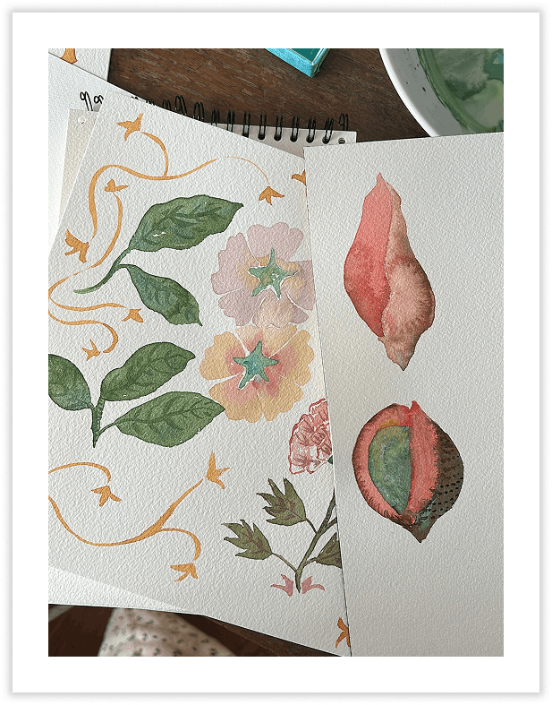 Watercolor sketches of green leaves, orange and pink flowers, and a sliced watermelon on textured paper.