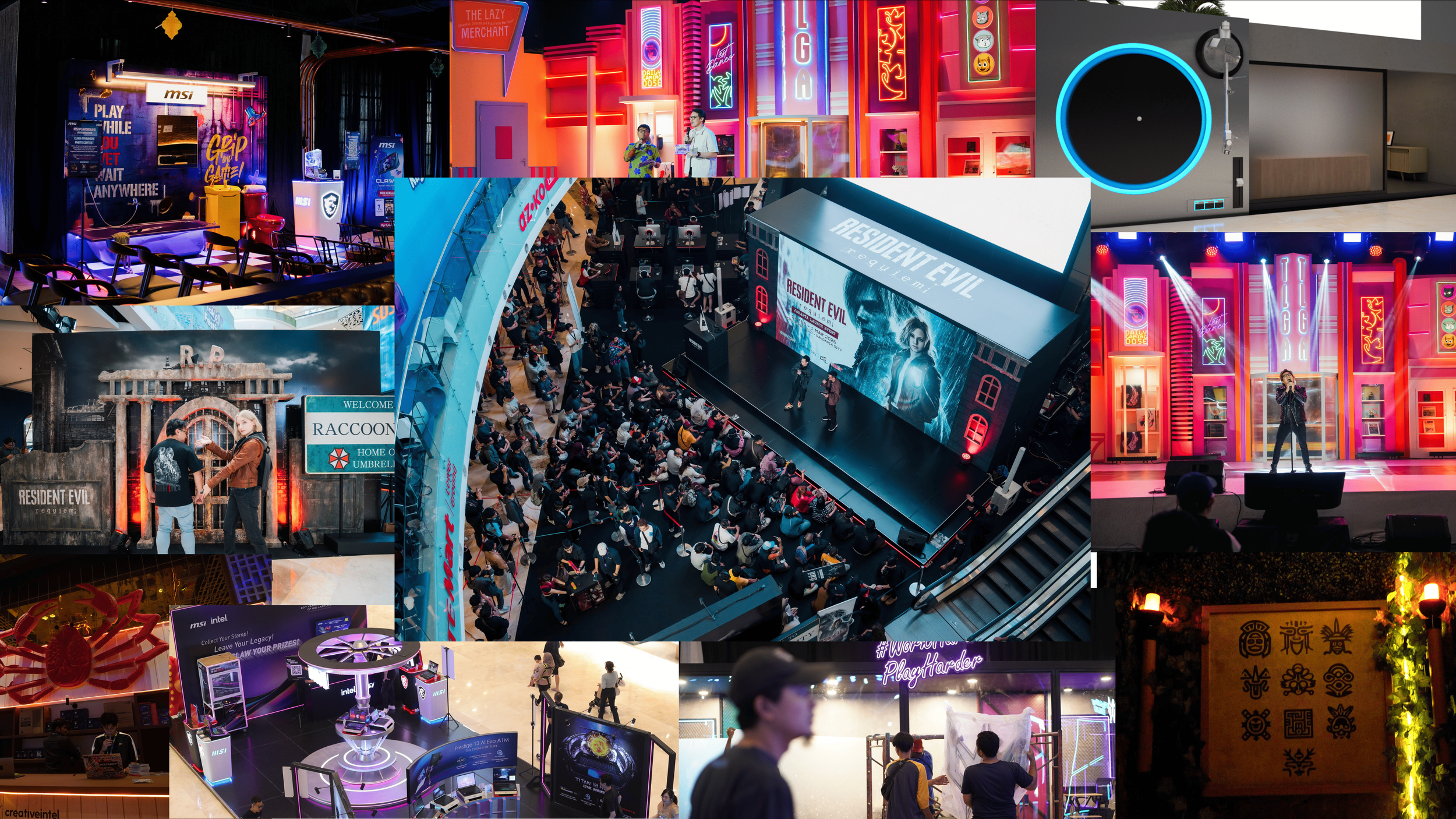 Collage of scenes from a gaming convention, including gaming booths, crowds, a stage with a presentation on Resident Evil, neon signs, and gaming displays.