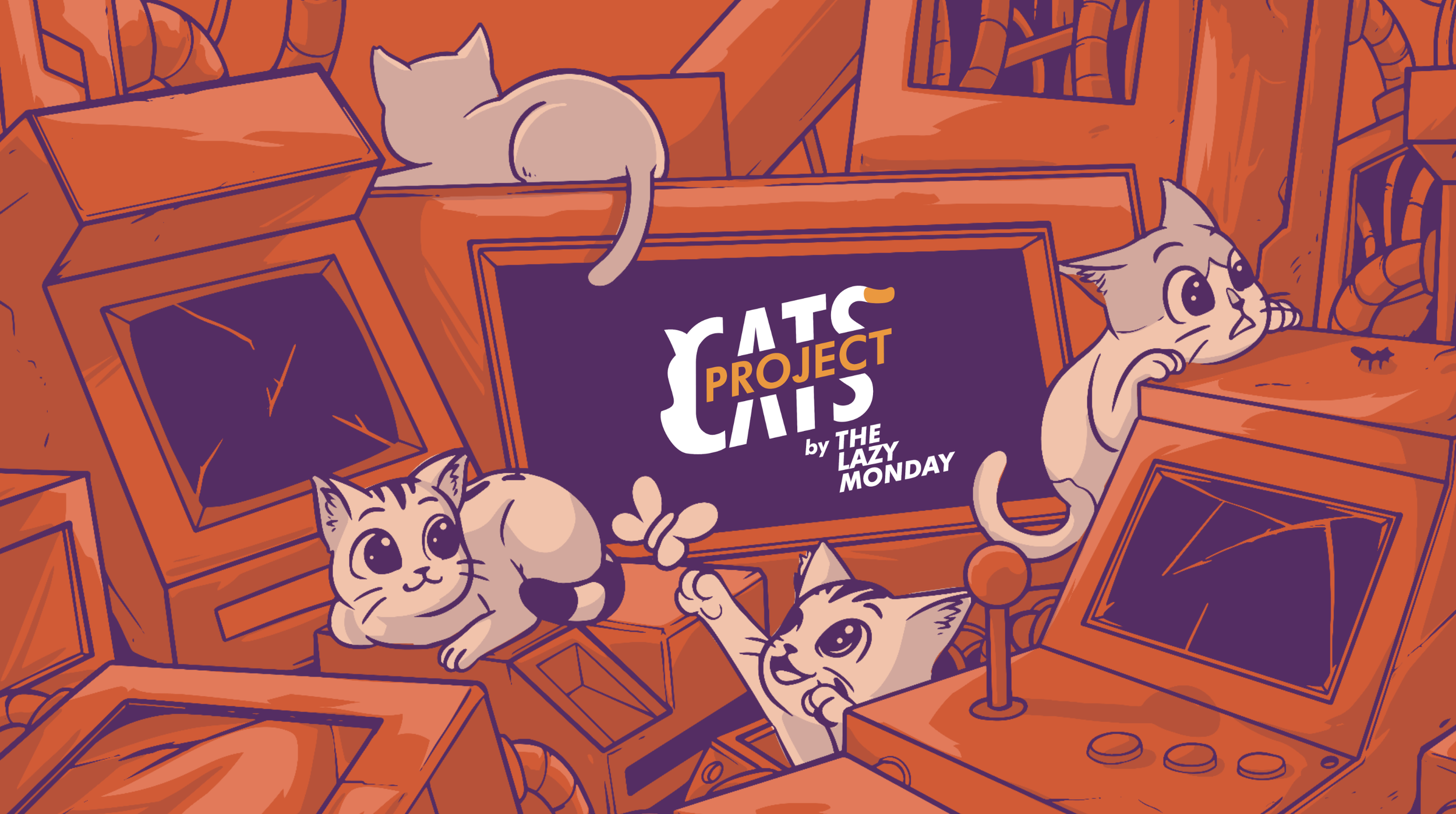 Colorful illustration with cats playing among various overturned furniture and objects, featuring a sign that reads 'Cats Project by The Lazy Monday'.