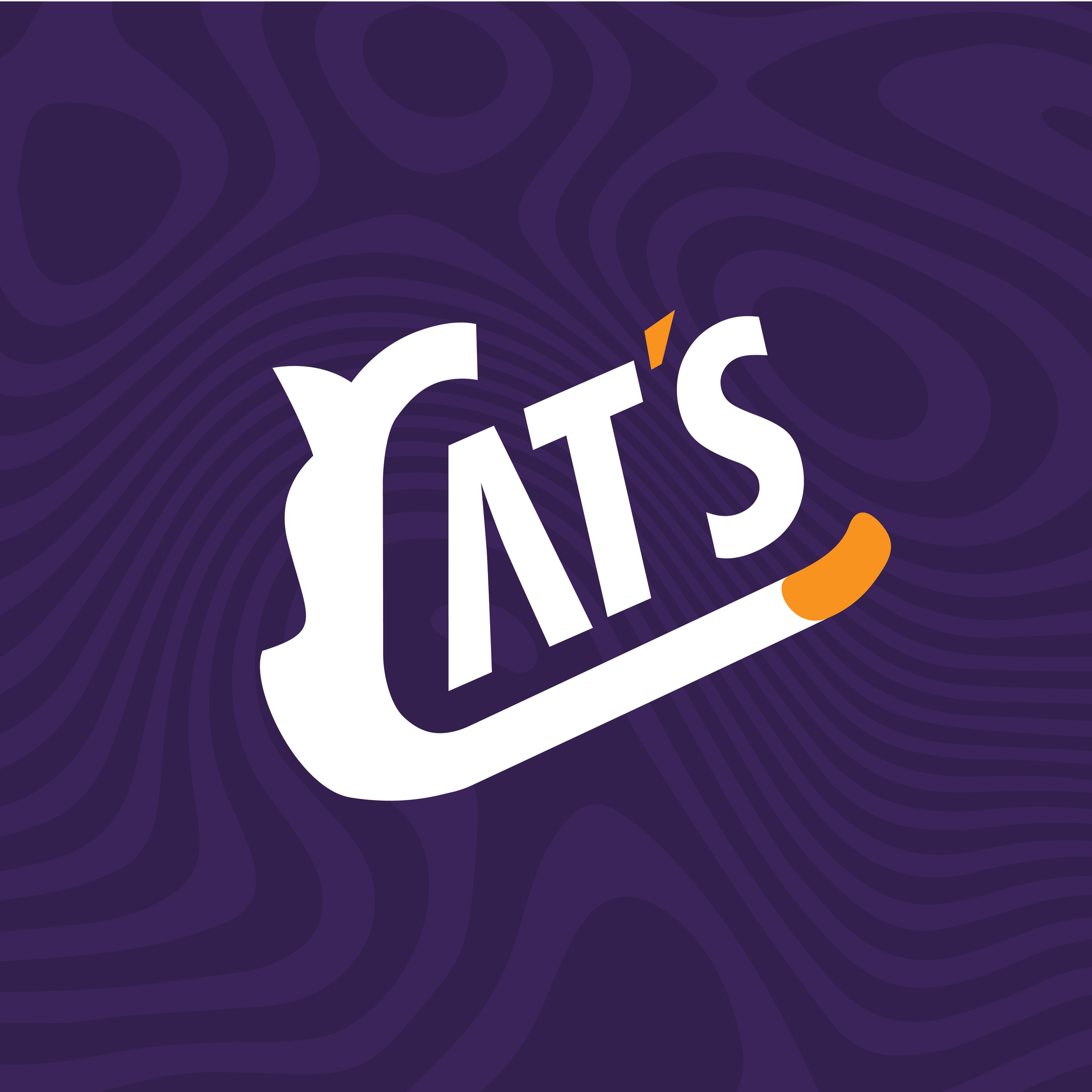 Part of a stylized logo or text on a purple background with abstract swirling patterns.