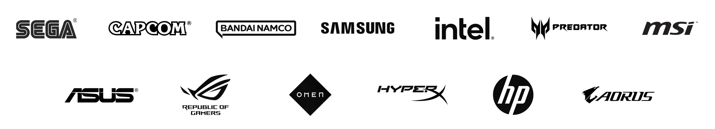 A collection of logos from various tech and gaming companies including SEGA, Capcom, Bandai Namco, Samsung, Intel, Predator, MSI, ASUS, Republic of Gamers, OMEN, HyperX, HP, AORUS, and others.