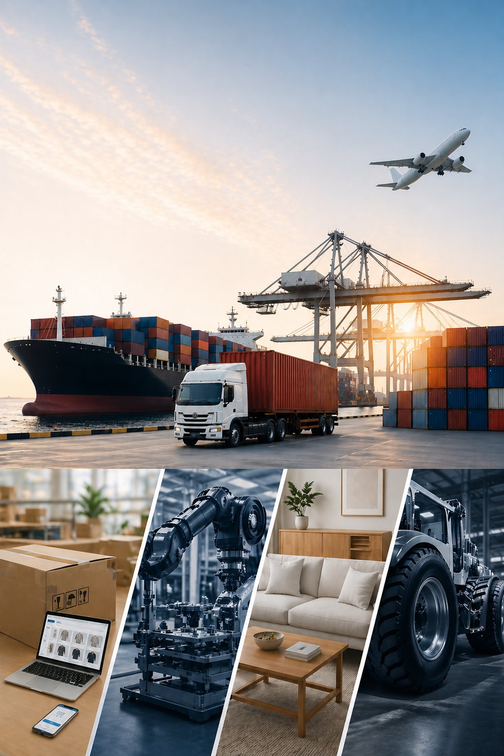 A cargo ship at port with containers, a truck, an airplane, a robotic arm, a living room with a sofa and coffee table, and a tractor, illustrating logistics and transportation.