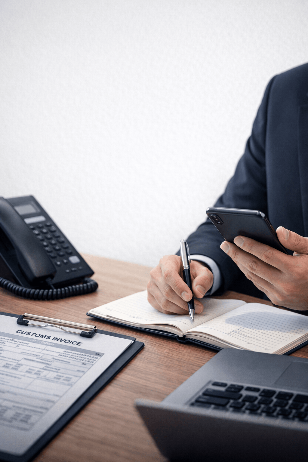 Businessperson in a suit at a desk with a phone, notebook, pen, customs invoice, and laptop.