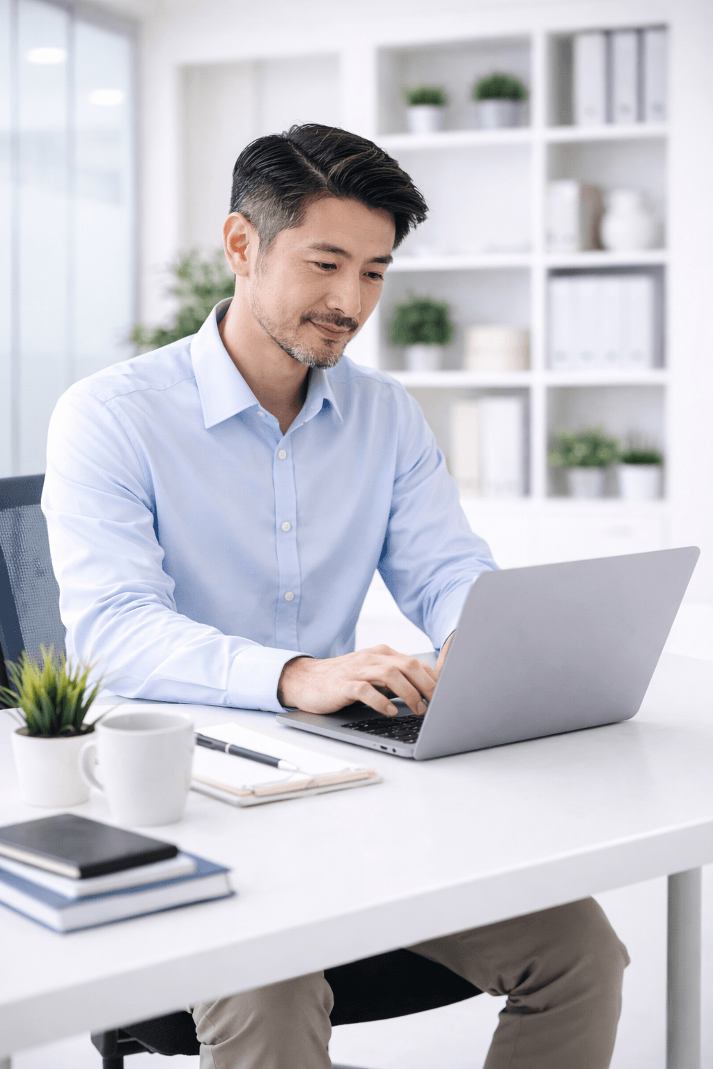 A man in a light blue dress shirt working on a laptop at a white desk in a modern office with shelves and plants in the background.