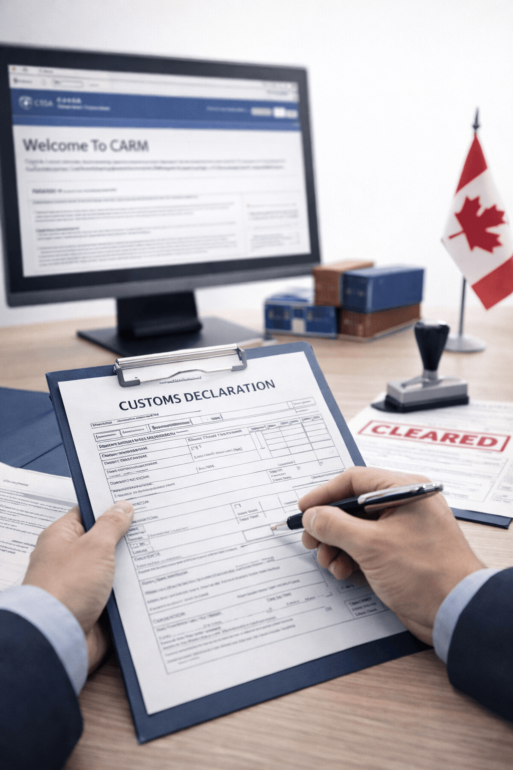 A person filling out a customs declaration form at a desk, which also has a 'Cleared' stamp on it, a monitor displaying the CARA website, a Canadian flag, and binders in the background.