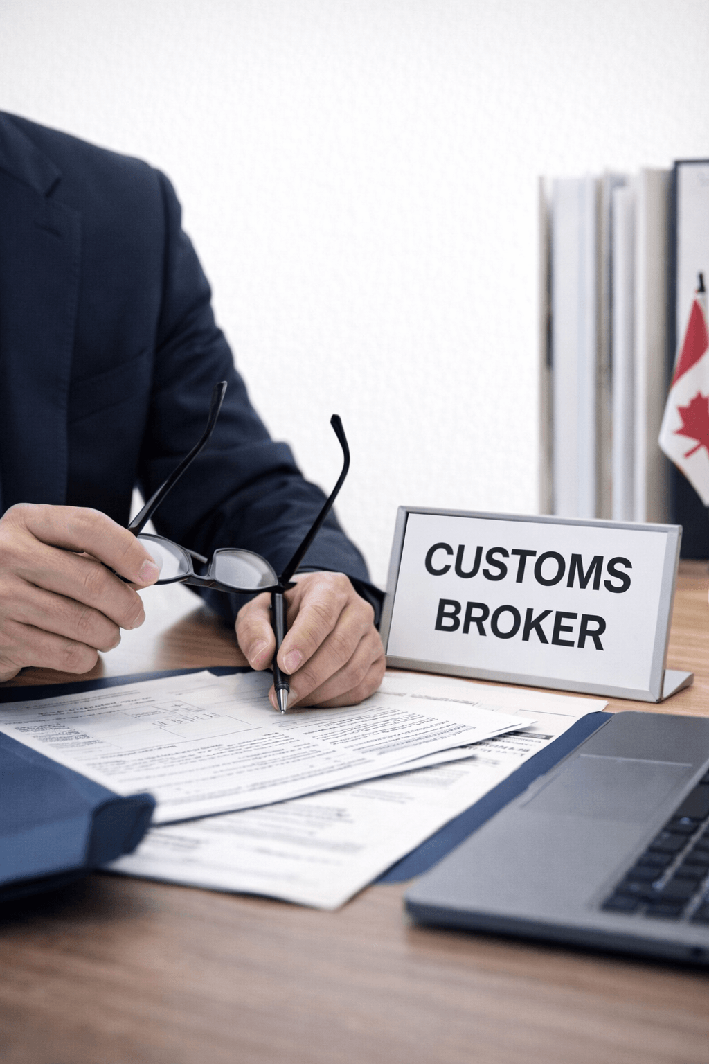 A person at a desk holding eyeglasses and a pen, with a sign that reads 'CUSTOMS BROKER', papers, and a Canadian flag in the background.