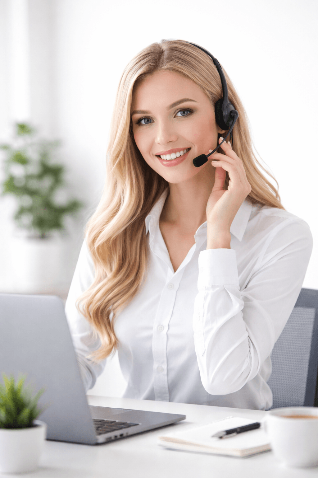 A woman with long blonde hair wearing a white shirt using a headset at her desk with a laptop, plant, notebook, pen, and coffee cup.