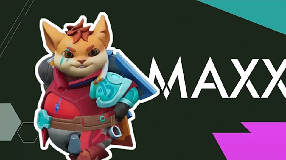 A stylized animated cat character with a determined expression, wearing a red armor suit with blue accents, against a dark background with geometric shapes and the text "MAXX".