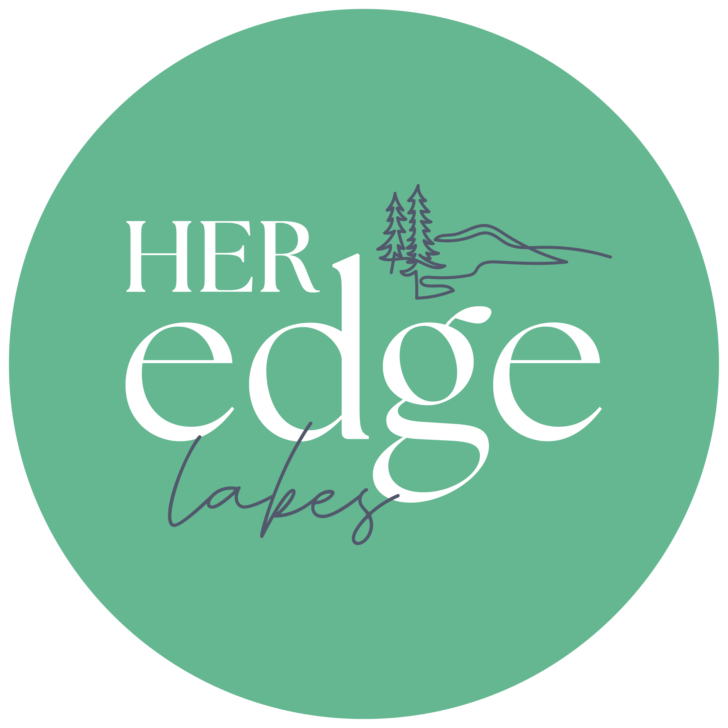Green circular logo with white and dark blue text and illustrations, reading 'HER (trees) oceans' with a simple line drawing of trees and a wave beneath the text.