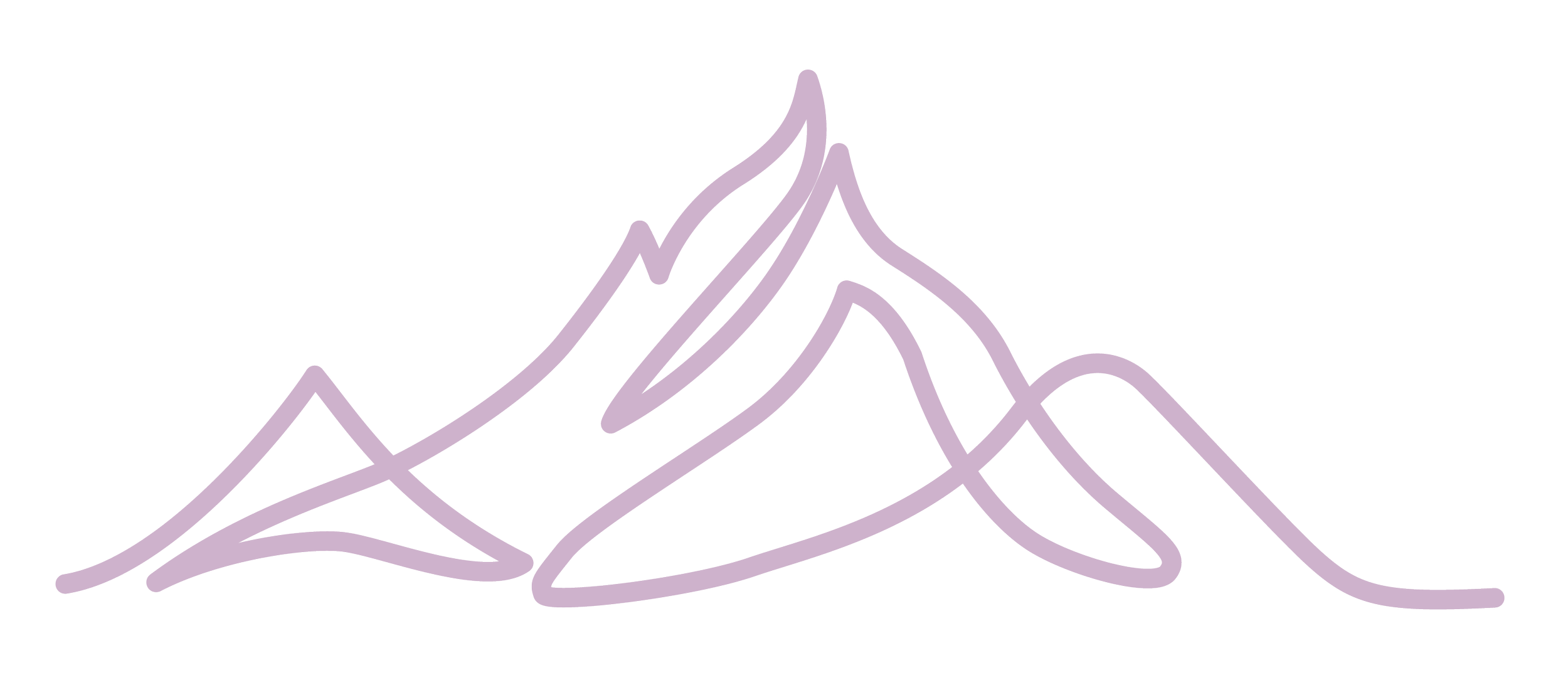 A line drawing of mountain peaks with a purple hue on a black background.