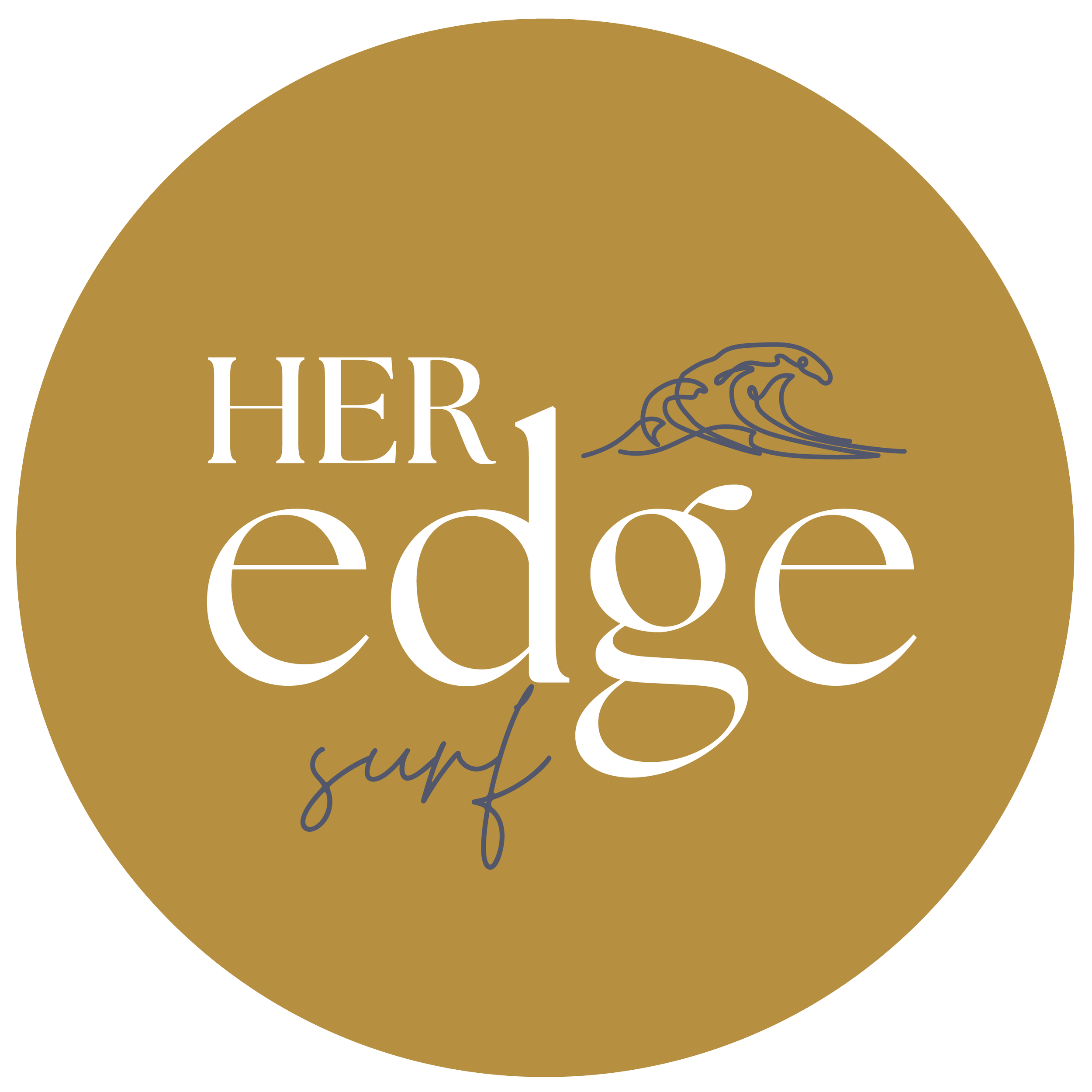 Golden circular label with white text that reads 'HER' and cursive black text 'say' on a dark background.
