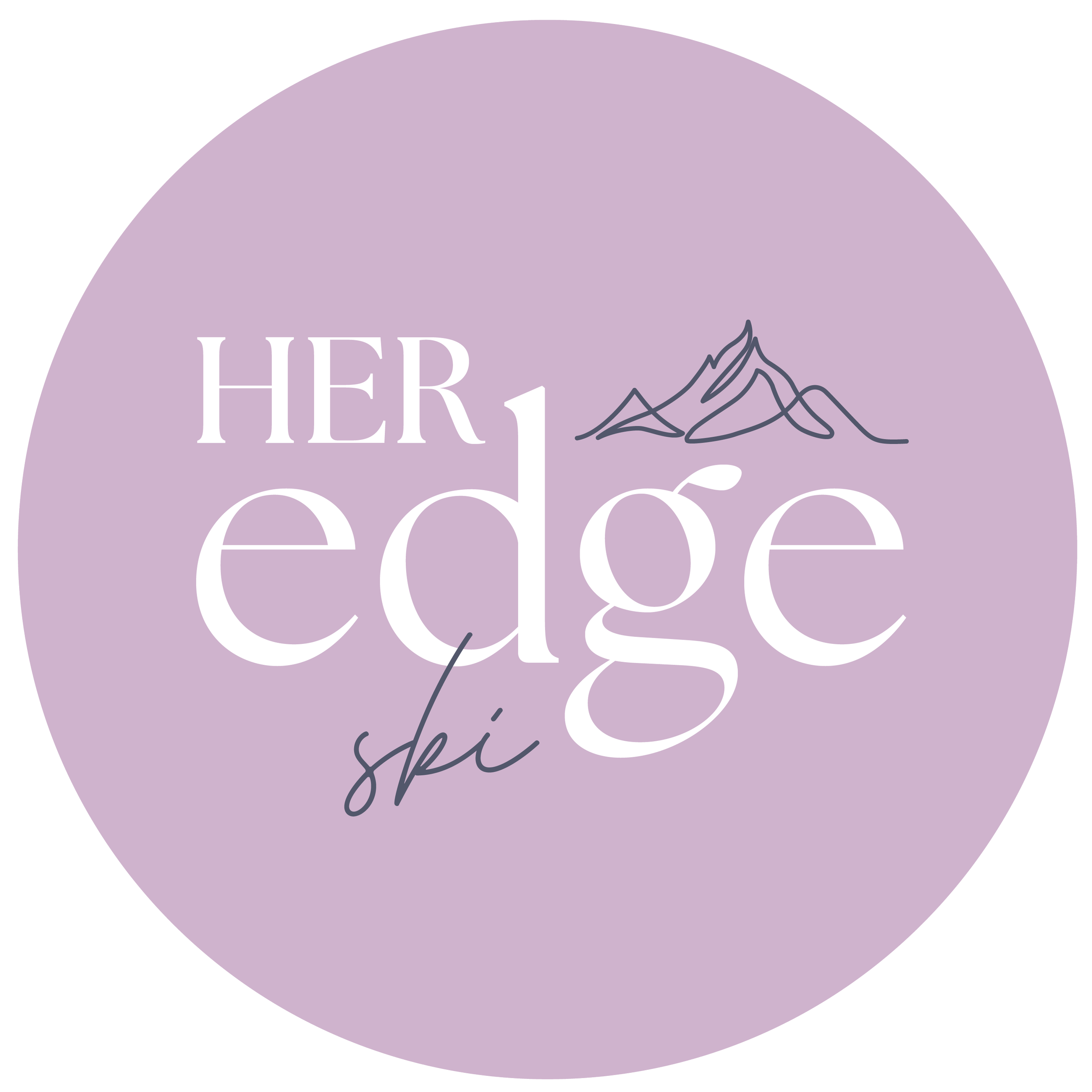 A circular lavender-colored design with the words 'Her Edges' written in white stylized font and a simple black line drawing of a mountain range.