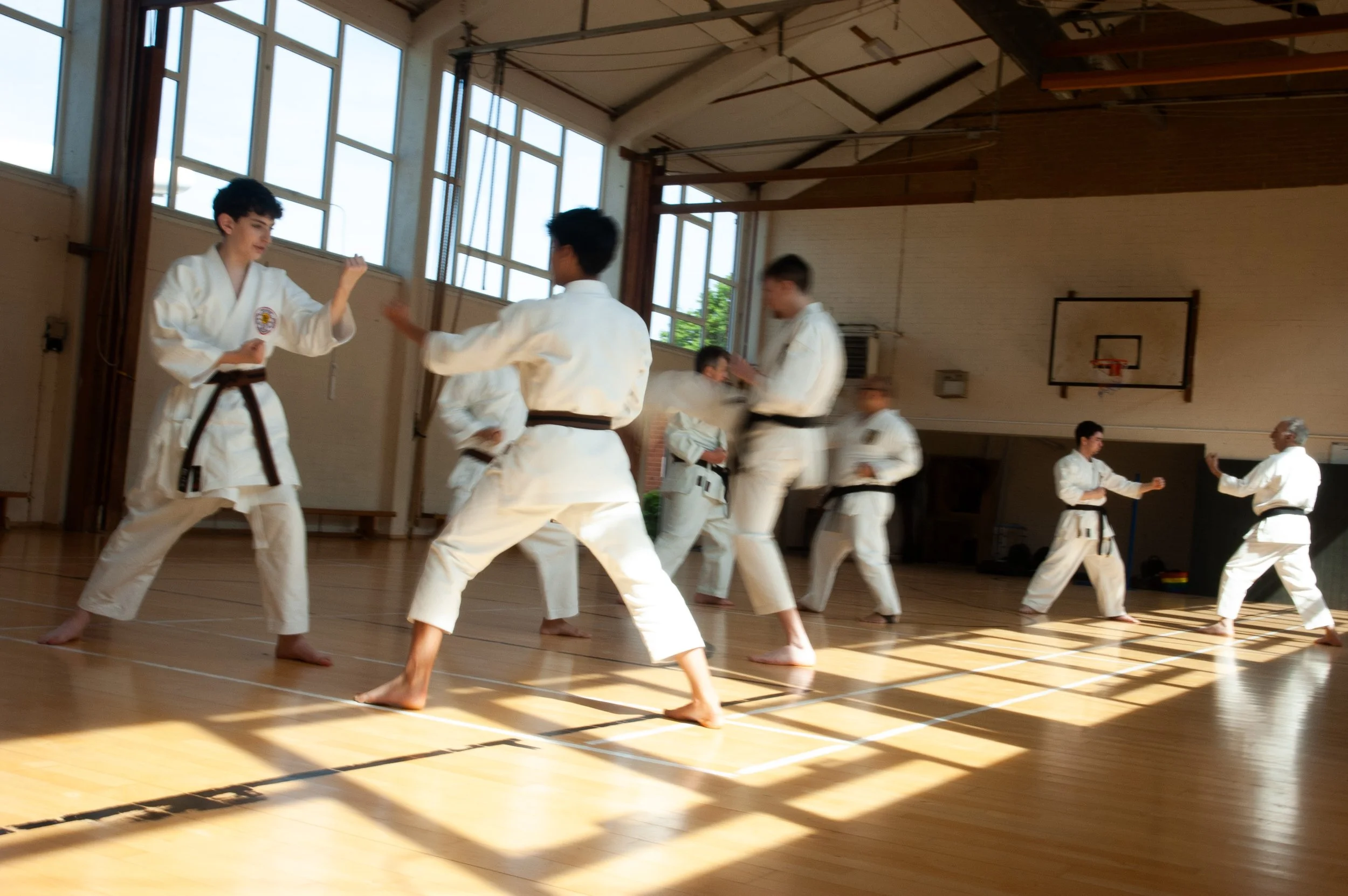 Young martial artists practicing karate in a gymnasium with large windows