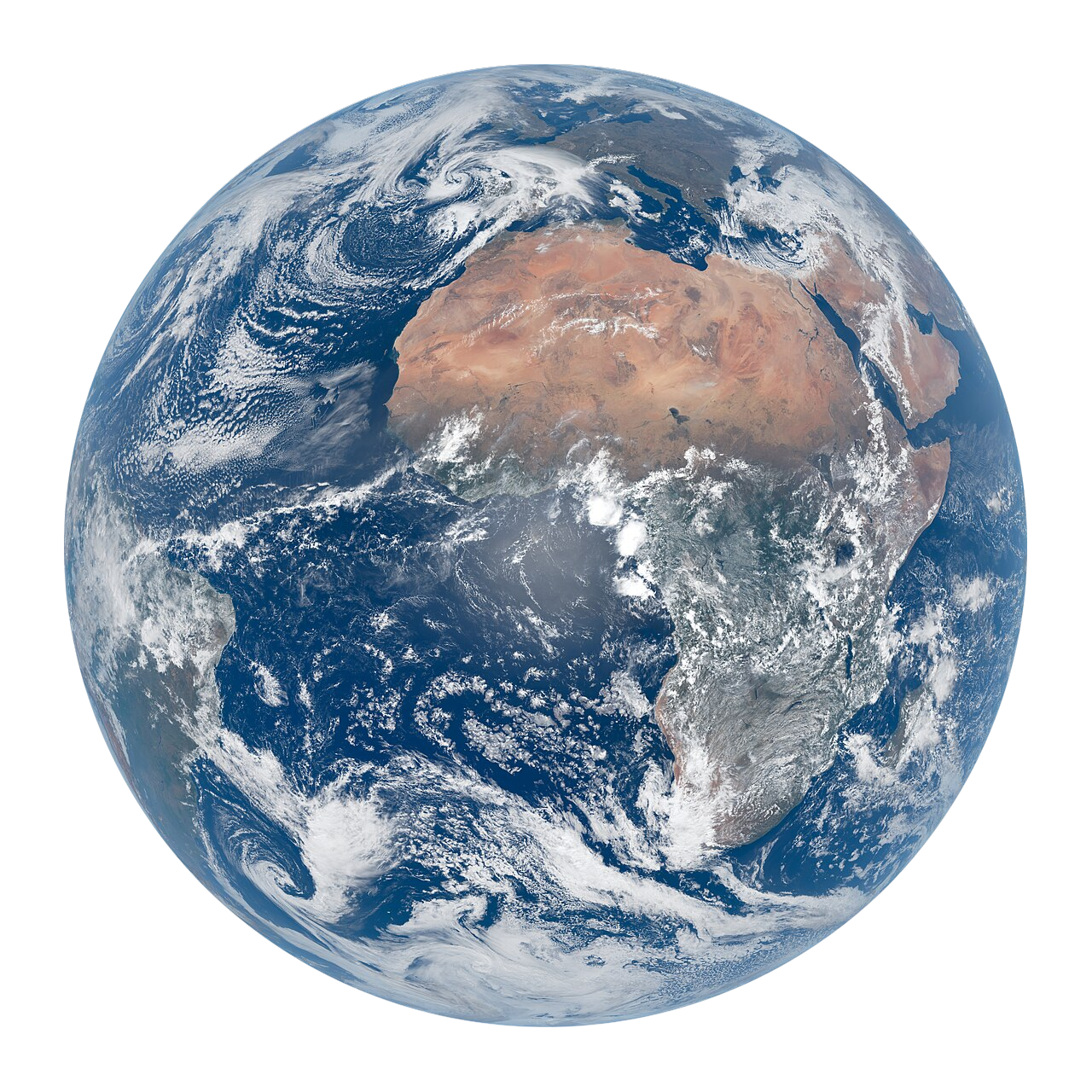 A view of Earth from space showing Africa, part of Europe, and surrounding oceans.