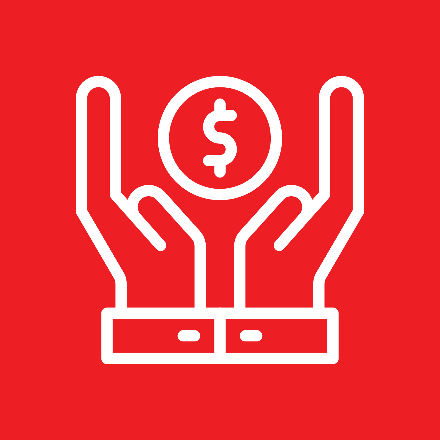 Manos sosteniendo una moneda con un símbolo de dólar en un fondo rojo.