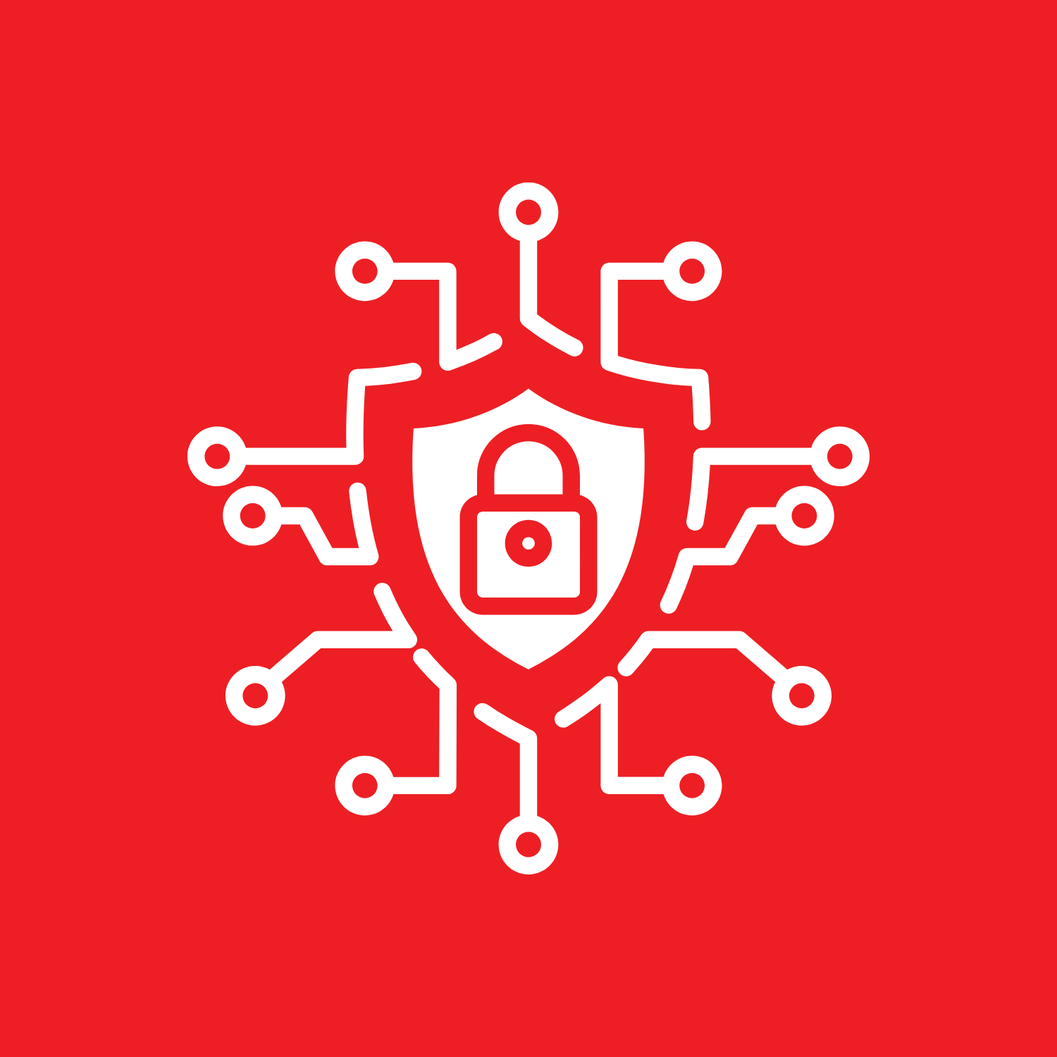 Símbolo de ciberseguridad con un escudo y un candado, rodeado por un diseño de circuito integrado en fondo rojo.