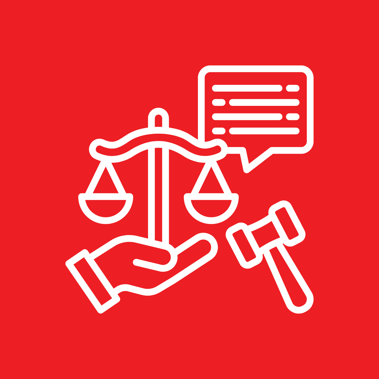 Ícono de balanza, martillo y gavel, y una mano sosteniendo una balanza, en un fondo rojo.