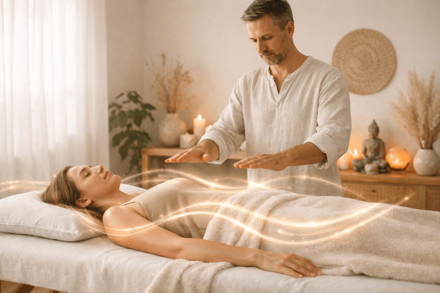 Energy healing session focused on relaxation, balance, and emotional restoration in a calm therapeutic setting.
