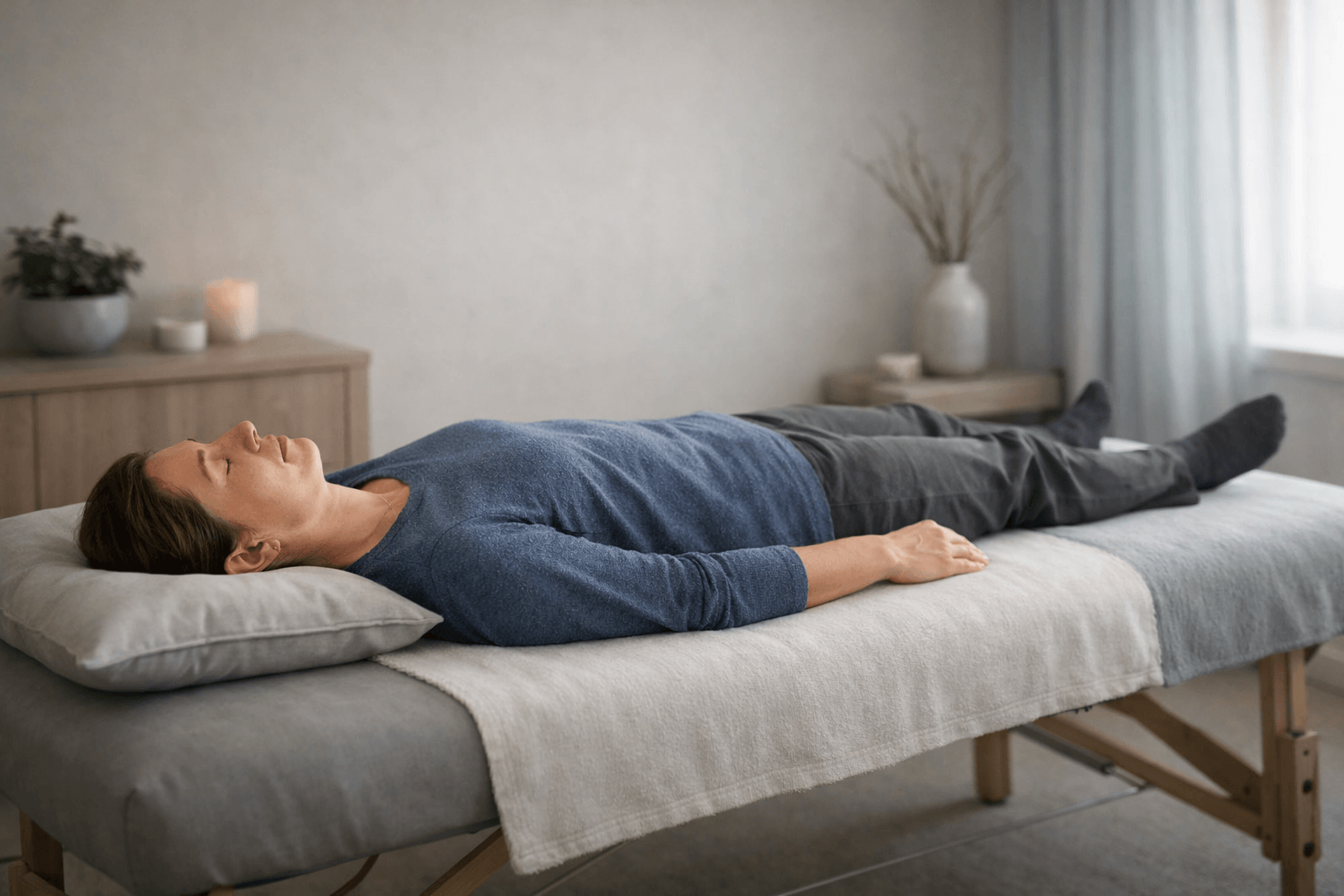 Person lying calmly on a treatment bed, representing transformation session for those ready for deeper reset and integration