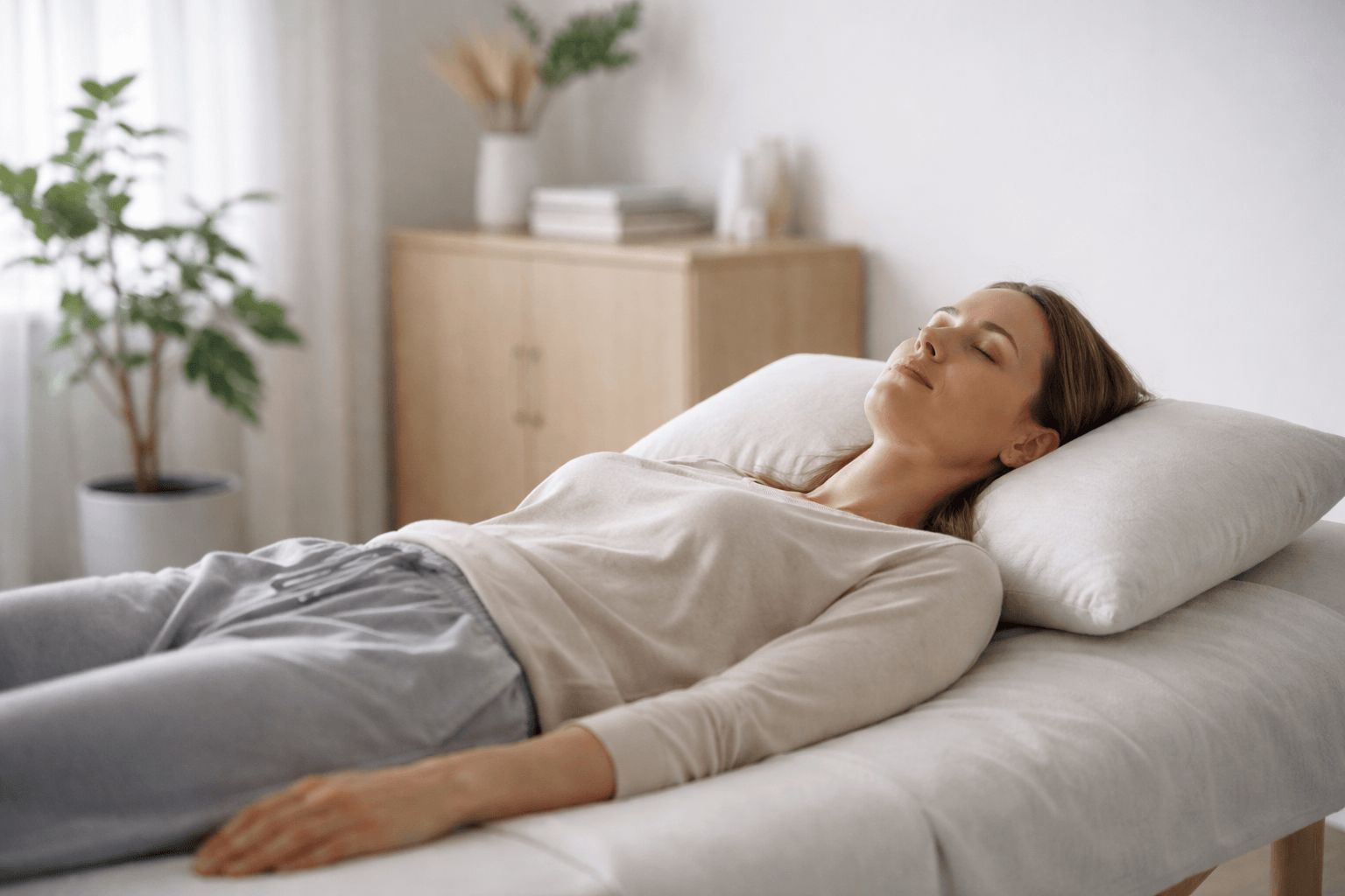 Person lying peacefully on a treatment bed after an energy healing session, representing relaxation, calm, and restored balance