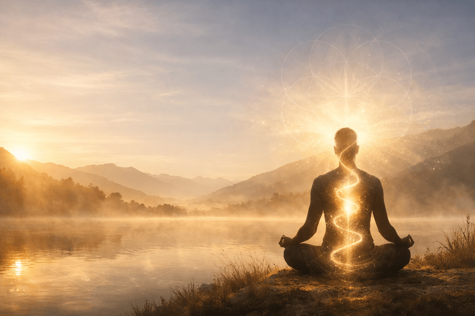 Person meditating with glowing kundalini energy rising through the body symbolising spiritual awakening and inner transformation in Margate, Kent.