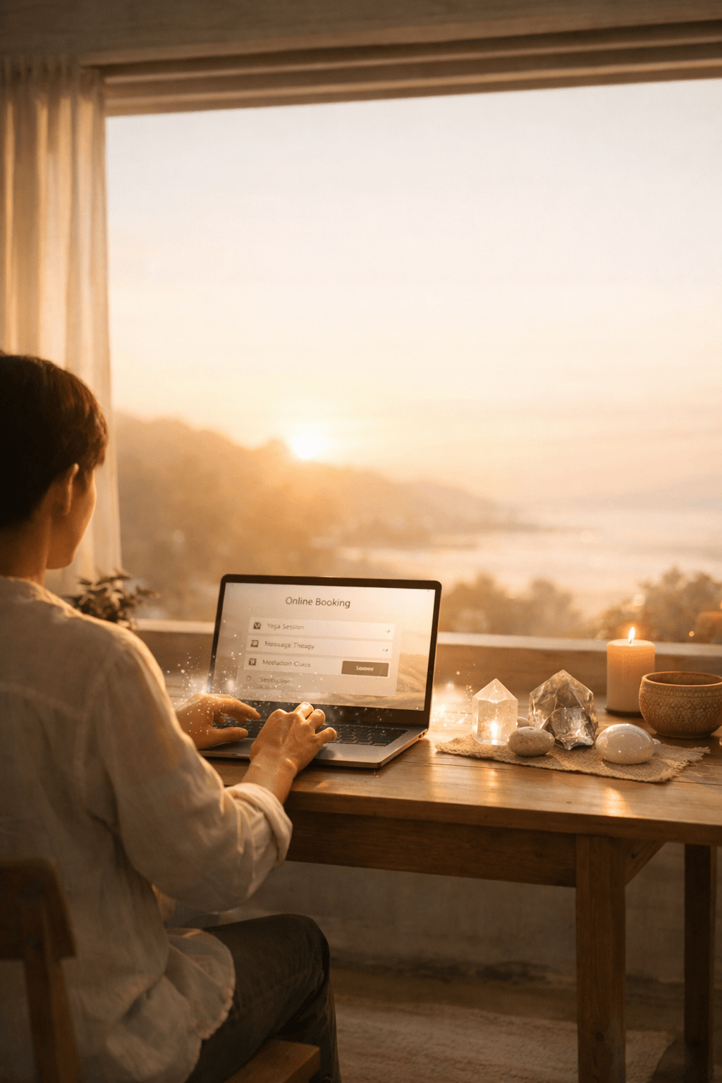 Person sitting by a window using a laptop to book or enquire about an energy healing session, representing connection and support