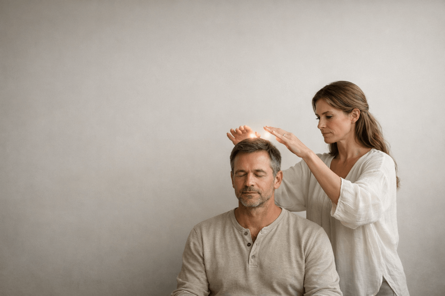 Energy healing session with practitioner working on a client’s head, supporting balance, clarity, and alignment