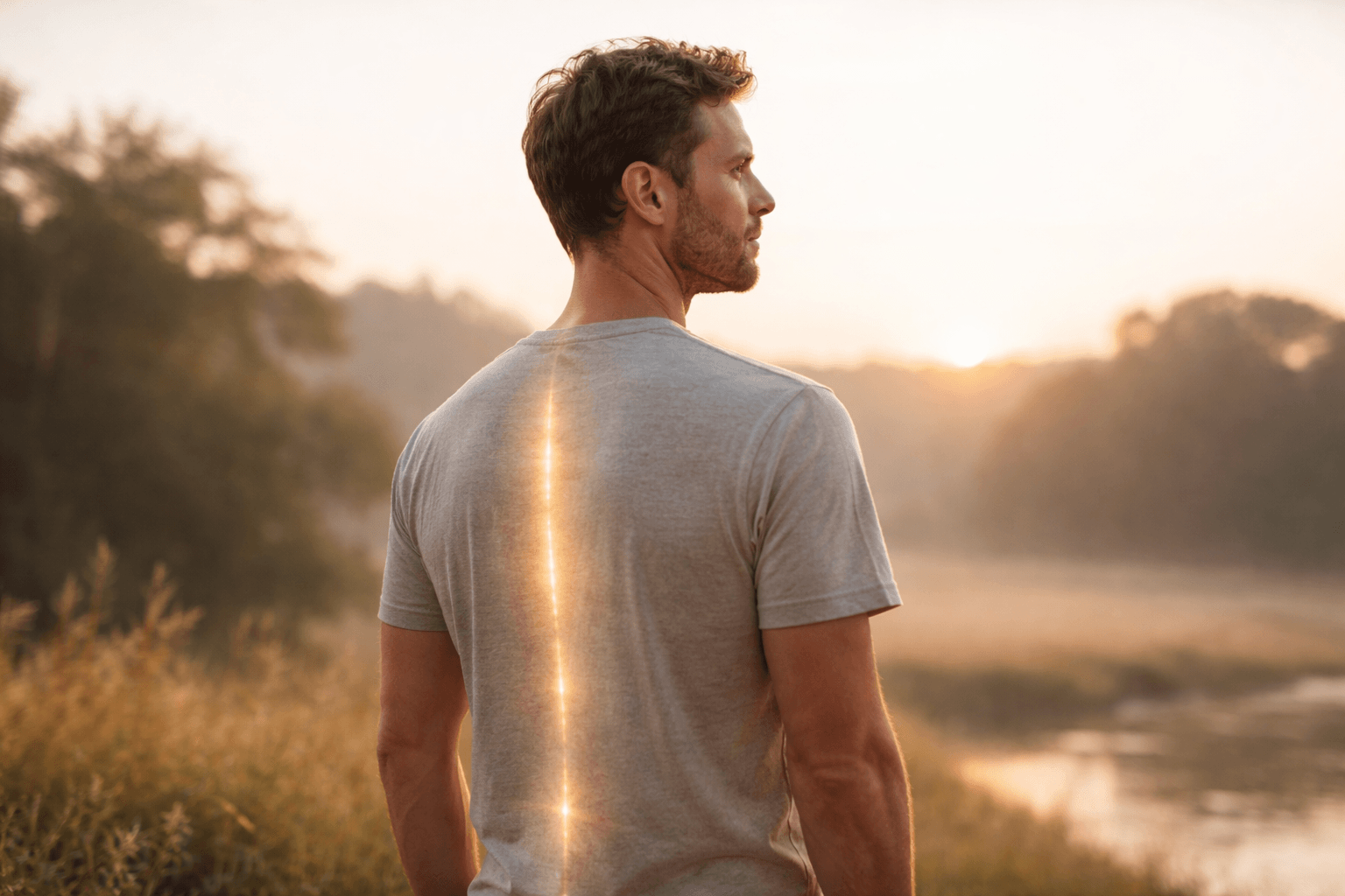 Man standing outdoors with glowing energy aligned along the spine symbolising kundalini awakening, spiritual transformation, and energetic balance.