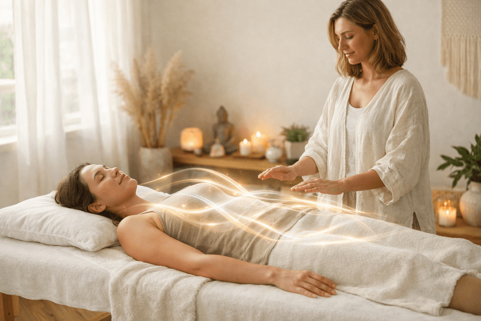 Transformation healing session focused on emotional balance, deep relaxation, and personal renewal in a calming therapeutic setting.