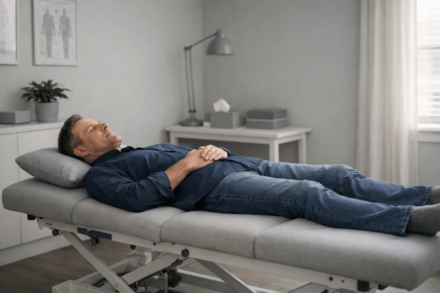 Person lying on a treatment bed, representing deep energy clearing for those ready to release deeper tension and imbalance