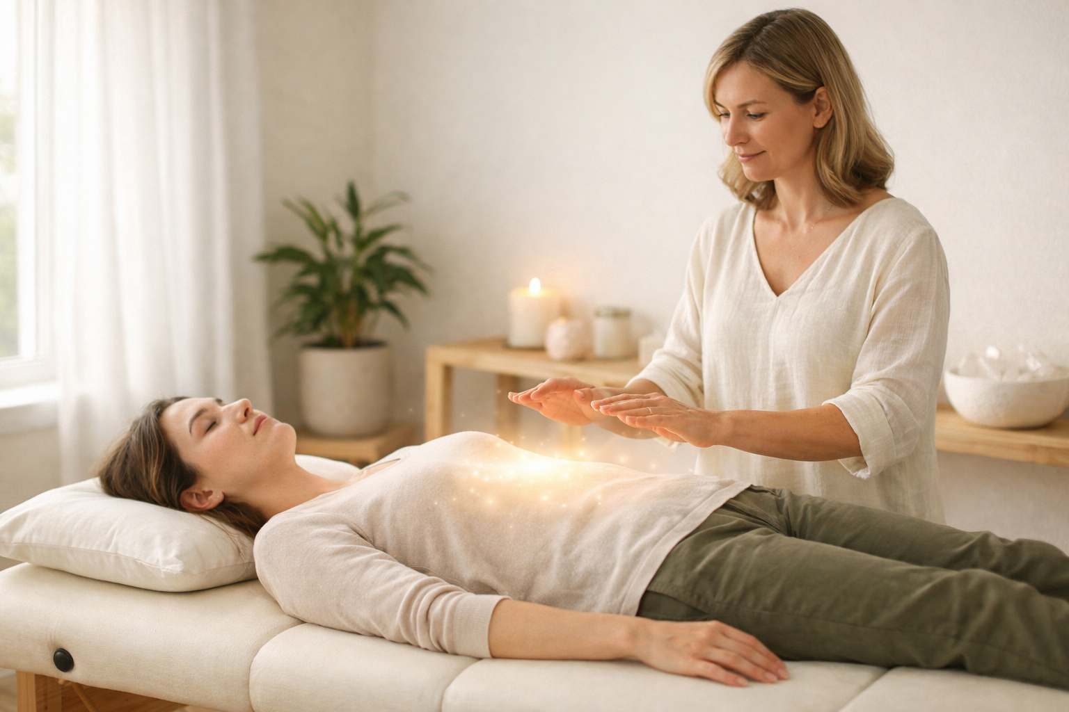 Woman receiving a gentle energy healing session in Margate, Kent supporting relaxation, emotional balance, and inner wellbeing.