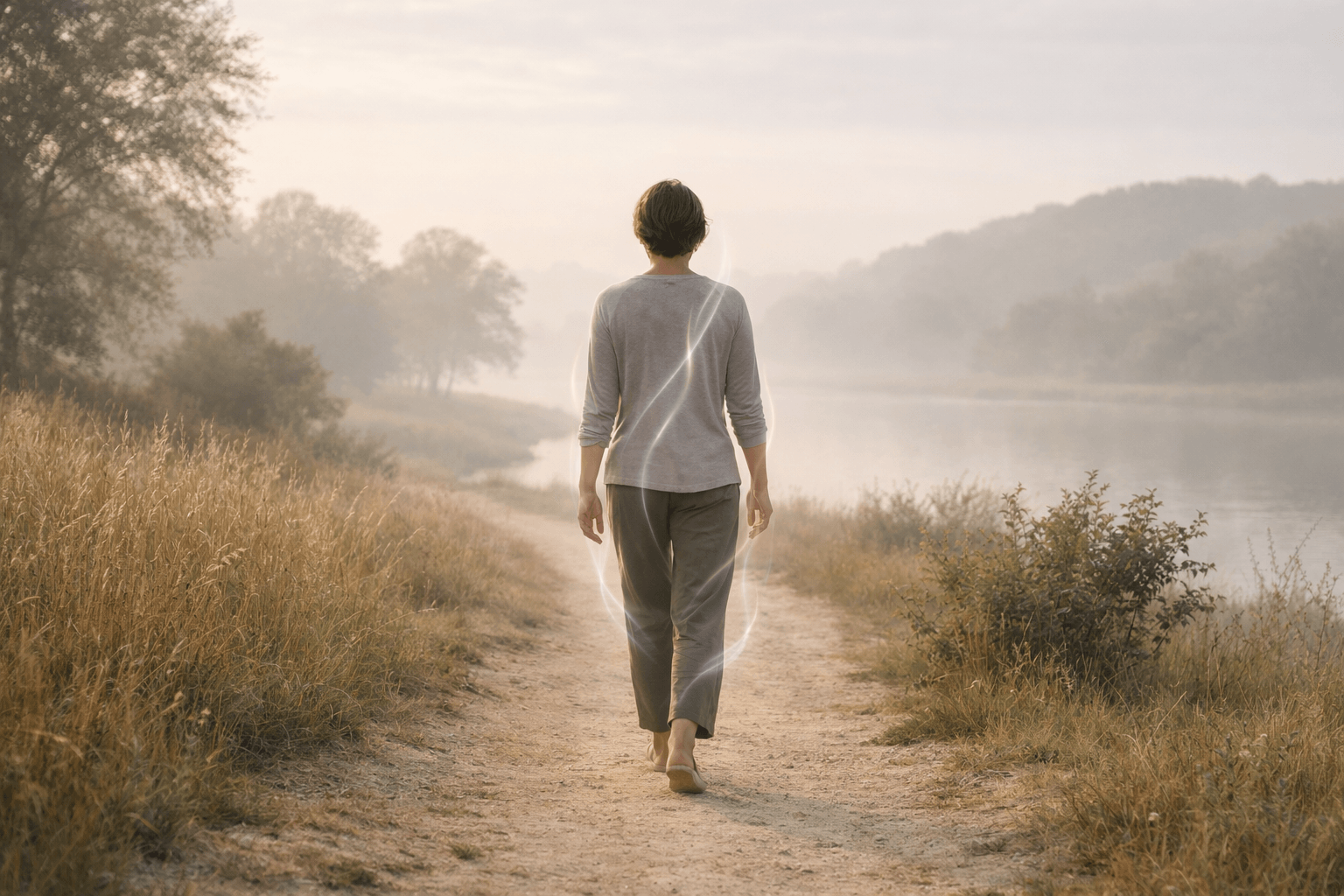 Person walking along a peaceful path in nature, representing a calm and grounded healing journey