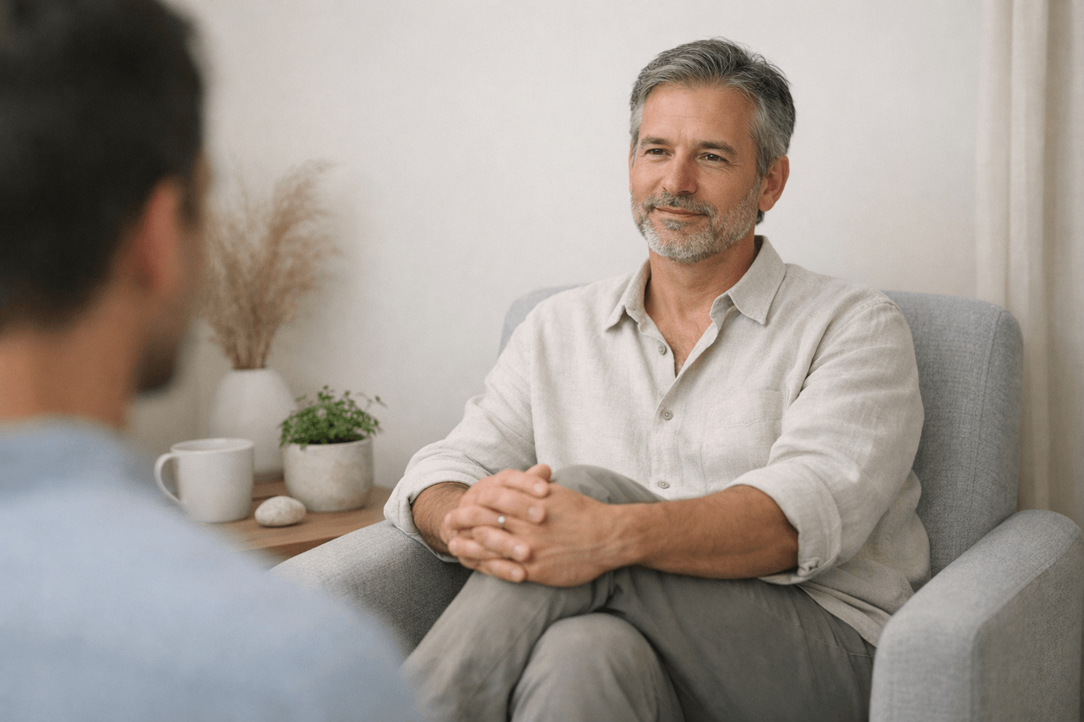 Person sitting calmly in a one-to-one conversation, representing clarity, reflection, and spiritual guidance