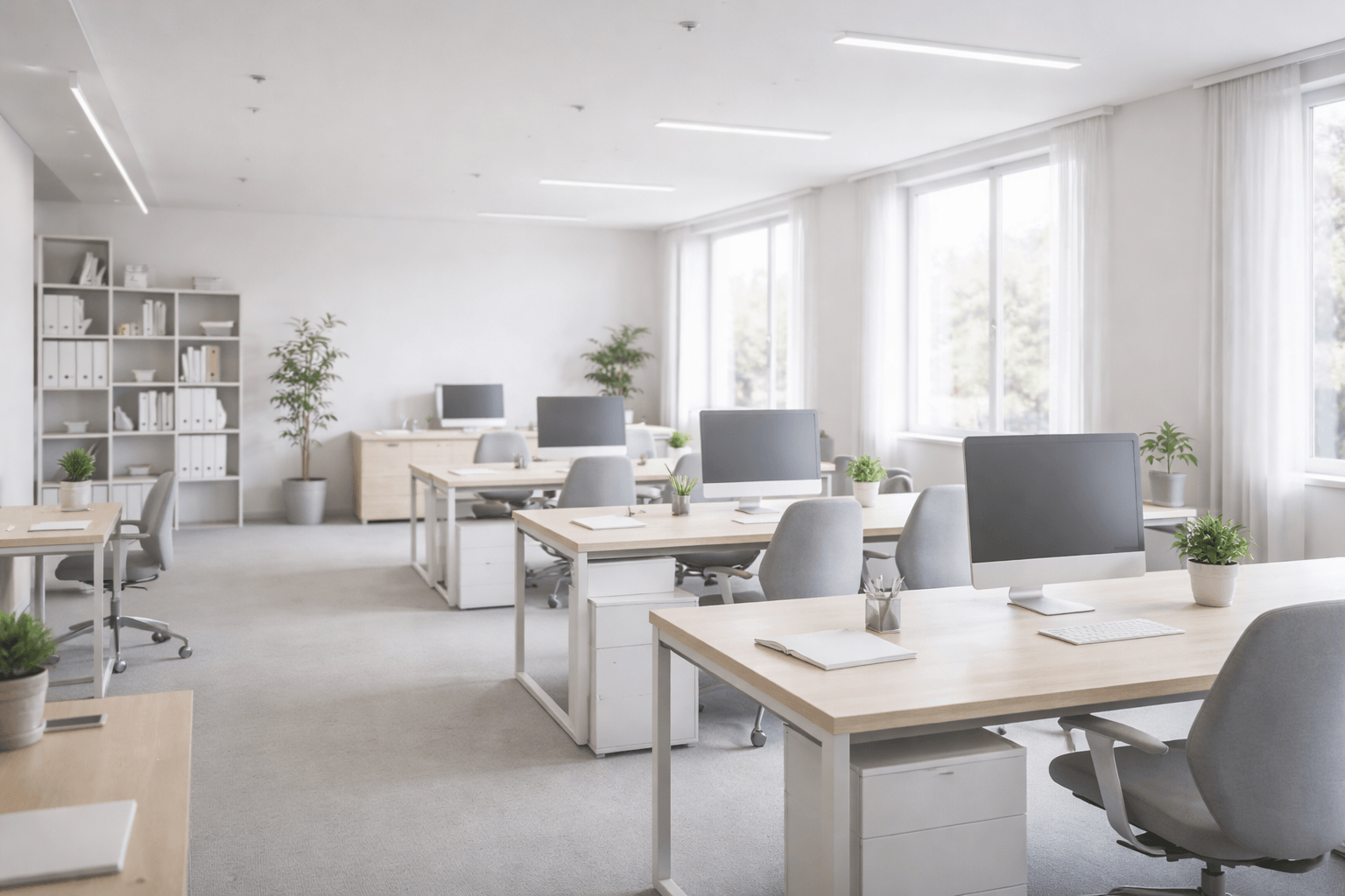 Calm, organised office workspace with natural light, representing a clear and balanced professional environment
