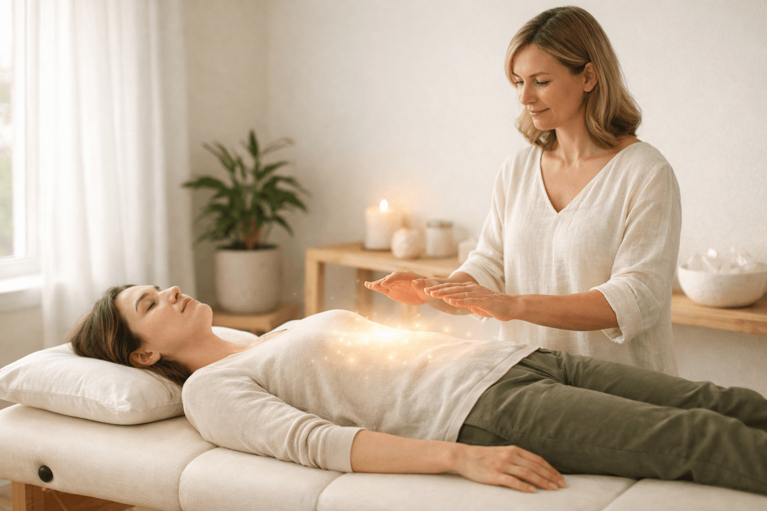 Energy healing taster session showing a practitioner working on a client lying on a treatment bed in a calm, relaxing environment