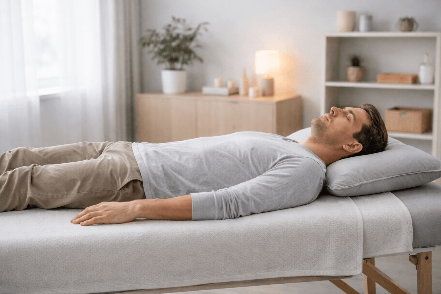 Person lying relaxed on a treatment bed after an energy healing session, representing calm, integration, and emotional release